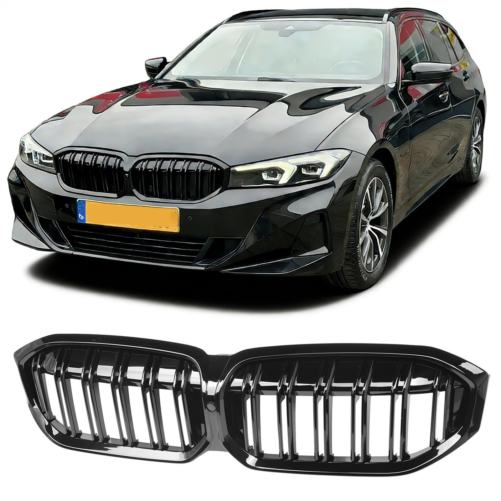 Sport Kühlergrill Nieren kompatibel mit BMW 3er G20 G21 Bj. 2022-2025 LCI Doppelsteg Glanz Schwarz Grill
