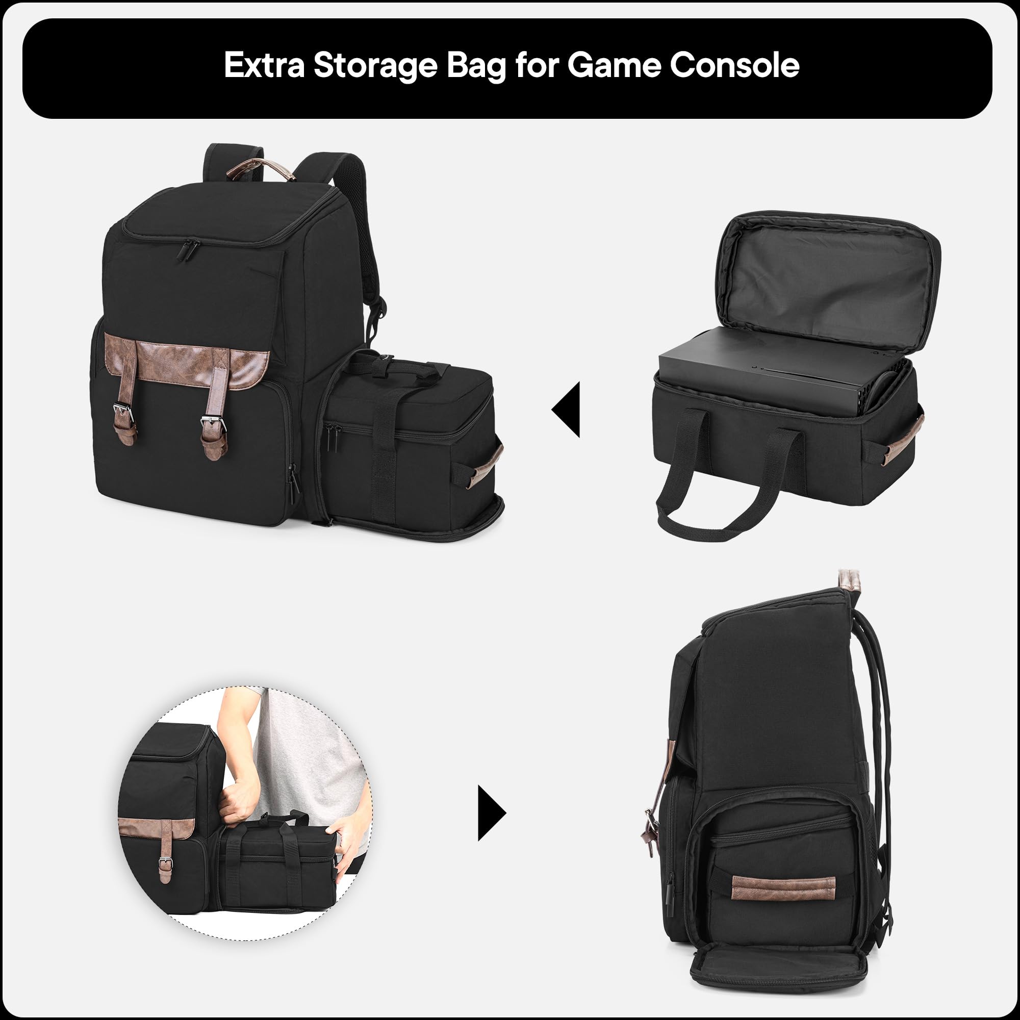 LoDrid Mochila compatible con Xbox Series X con bolsa para consola, bolsa para juegos con varios bolsillos y divisor y para laptop de 15,6" y accesorios para juegos