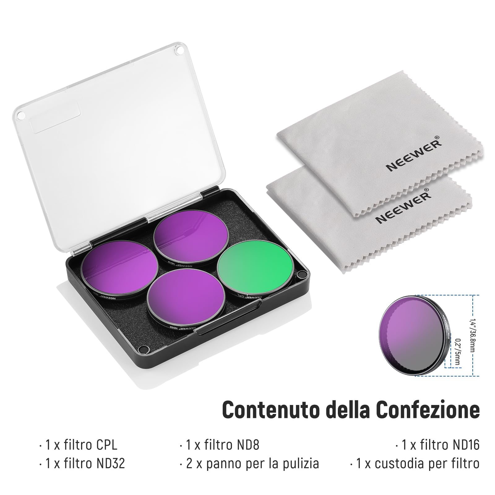 NEEWER Set di Filtro ND Compatibile con DJI Osmo Action 5 Pro/4/3, 4 Pezzi, Filtri ND8/ND16/ND32/CPL in Vetro Ottico HD Multistrato a Scatto, Accessori per Obiettivi Action Camera con 2x Panni Pulizia