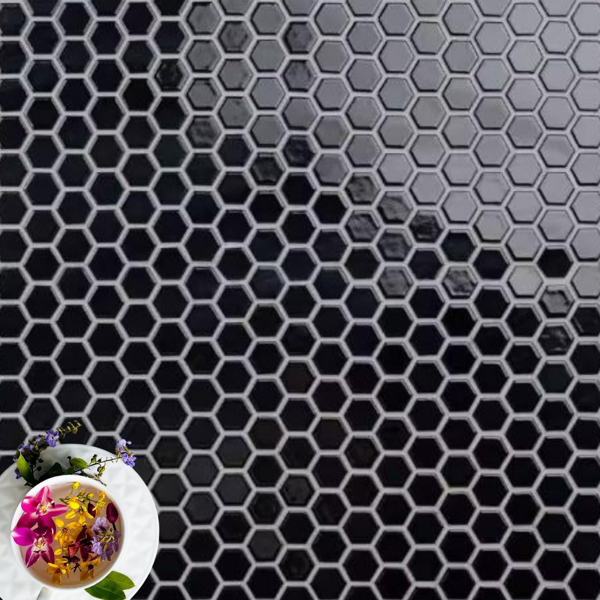 Hexagon 1x1 Porcelain Mosaic Floor Wall Tile Backsplash Glossy 1 inch for Kitchen, Bathroom Shower, Accent Decor, Fireplace (Pack - 10 Sheets, Black)