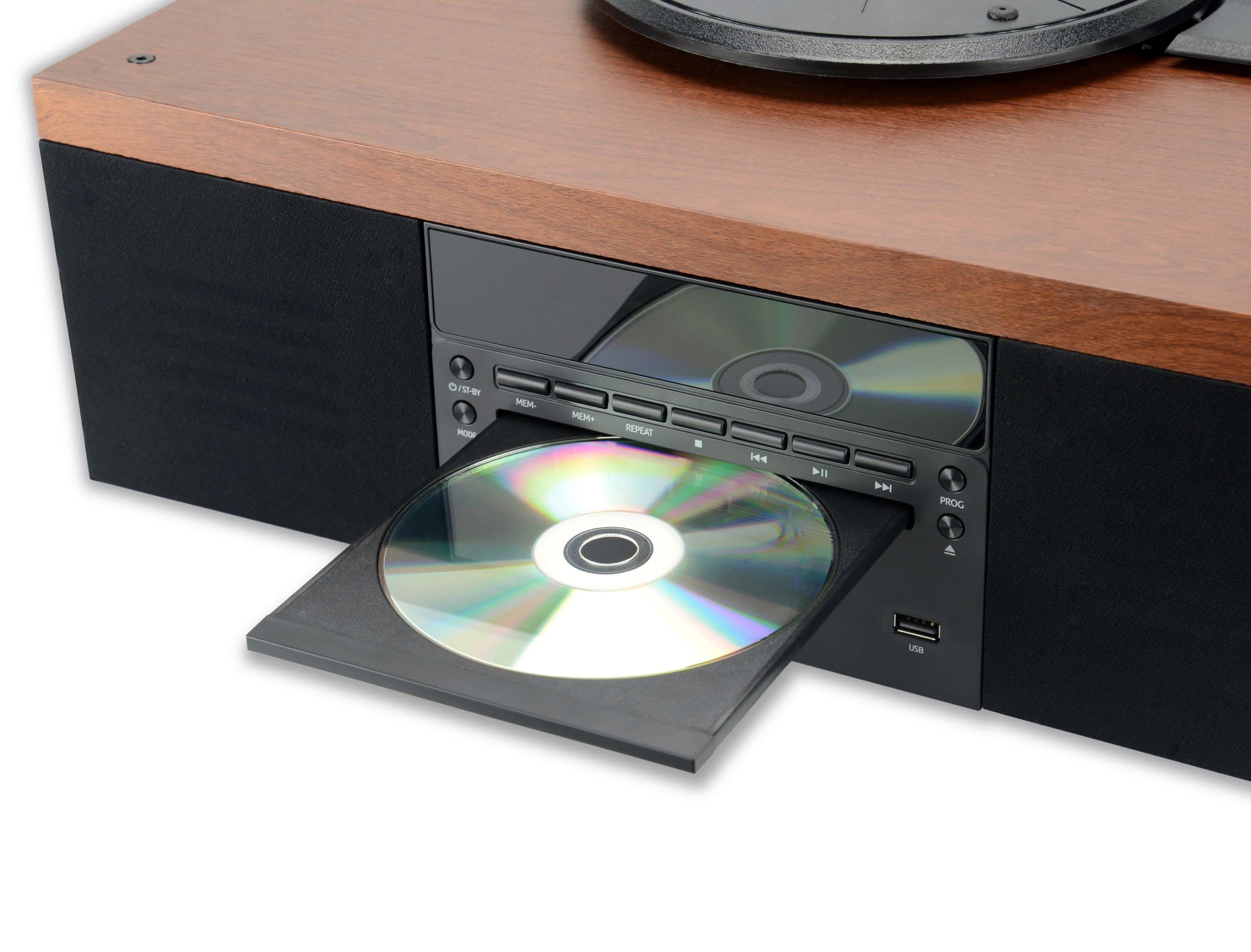 AKAI Plattenspieler Holz Schallplattenspieler mit Boxen Stereo-Lautsprecher für Vinyl Schallplatten CD-Player Abspielgerät, Bluetooth FM-Radio, USB Riemenantrieb Vintage Turntable
