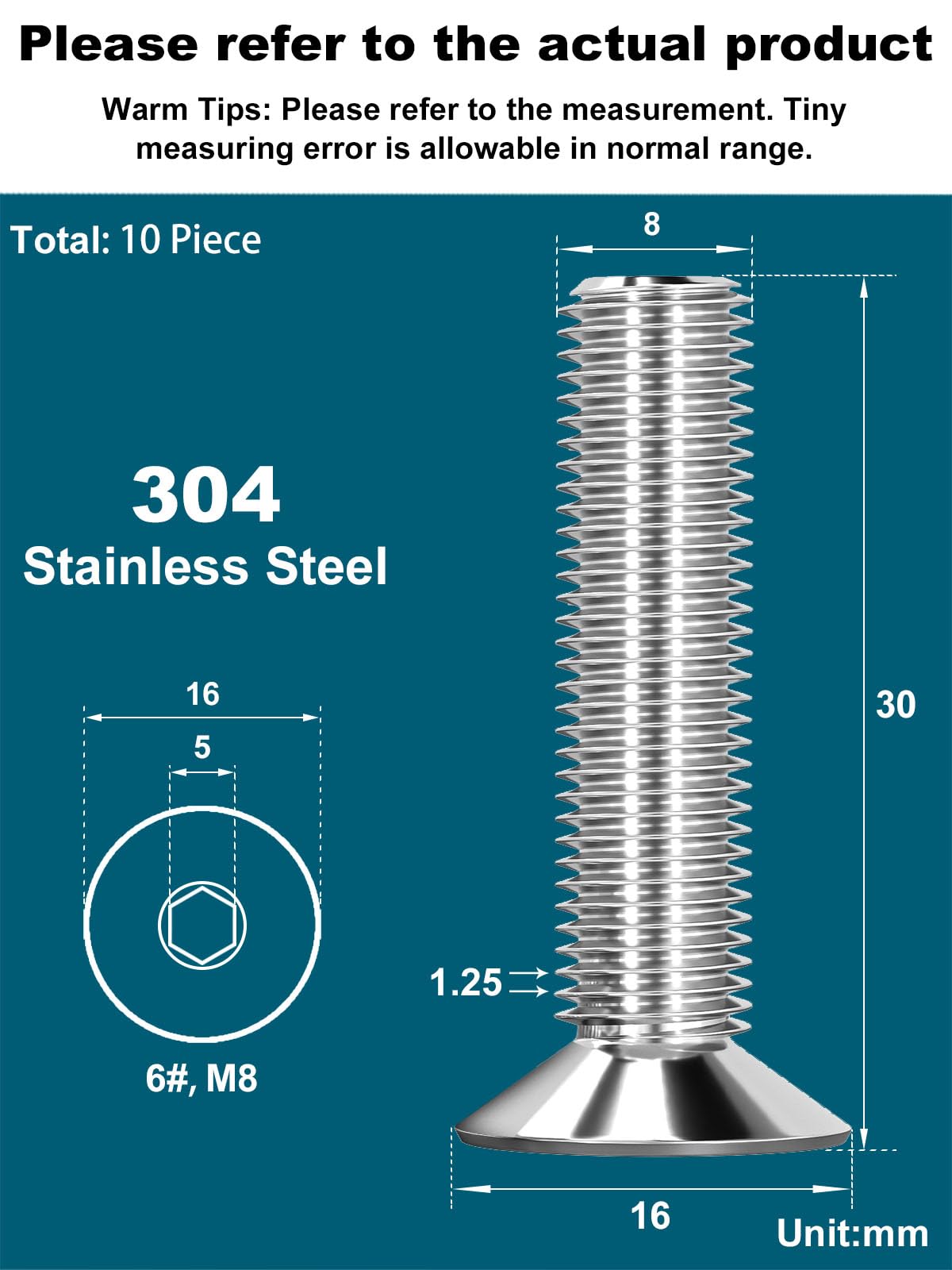 Drenky Socket Screws M8 X 30mm 304 Stainless Steel M8 Bolts Screw Countersunk DIN 7991 / ISO 10642 Machine Screws Flat Head Hex Socket Cap Screw (Pack of 10) - Image 2