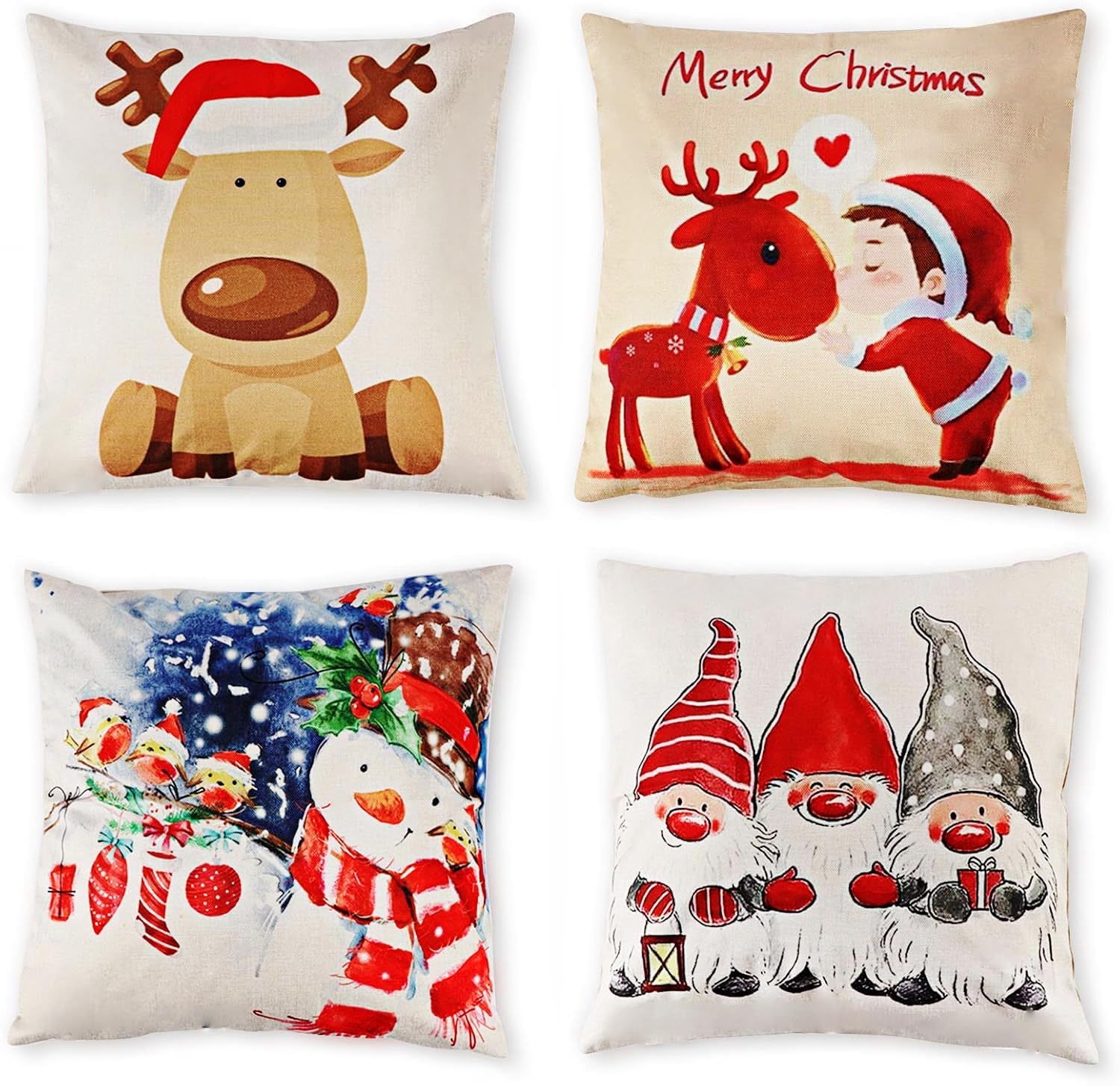 Artoid Mode Set van 4 kussenslopen, kerstballen, bomen, bladeren, Kerstmis, 40 x 40 cm, Merry Christmas sierkussensloop, kussenovertrek, bankdecoratie