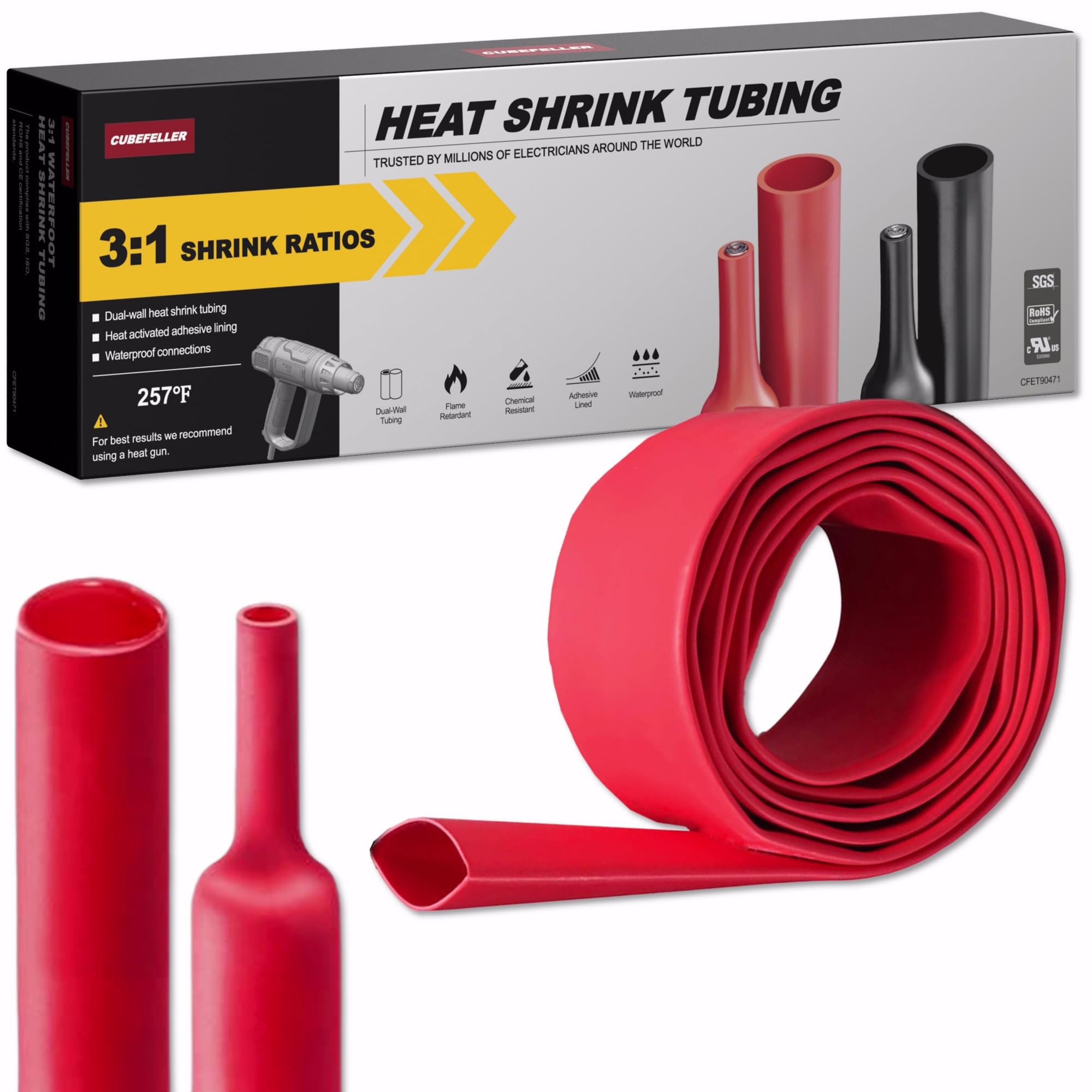 CUBEFELLER® 3:1 Ratio 1 Inch (25.4mm) Red Heat Shrink Tubing - 4ft (1.22M Total Length), Marine Grade Waterproof Adhesive Lined, Insulation Sealing