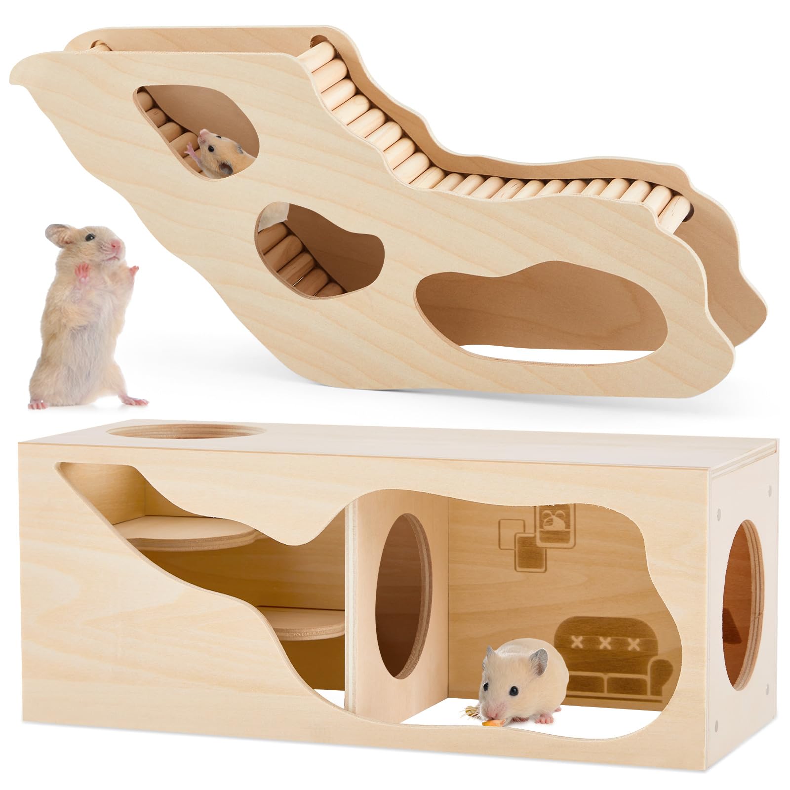 Seenelling Hamsterhaus und Hamster-Tunnel-Set, Erkundungstunnel, Hamsterversteck, Kletterleiter und mehrere Holzkammern, Hamsterhaus, Labyrinth für Kleintiere, Haustiere, Rennmäuse, Igel, Ratten,