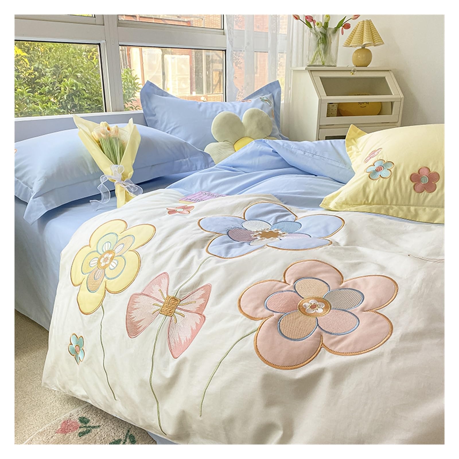 Housse de couette brodée florale bleu ensemble de literie coton parure de lit fleurie 4 pièces