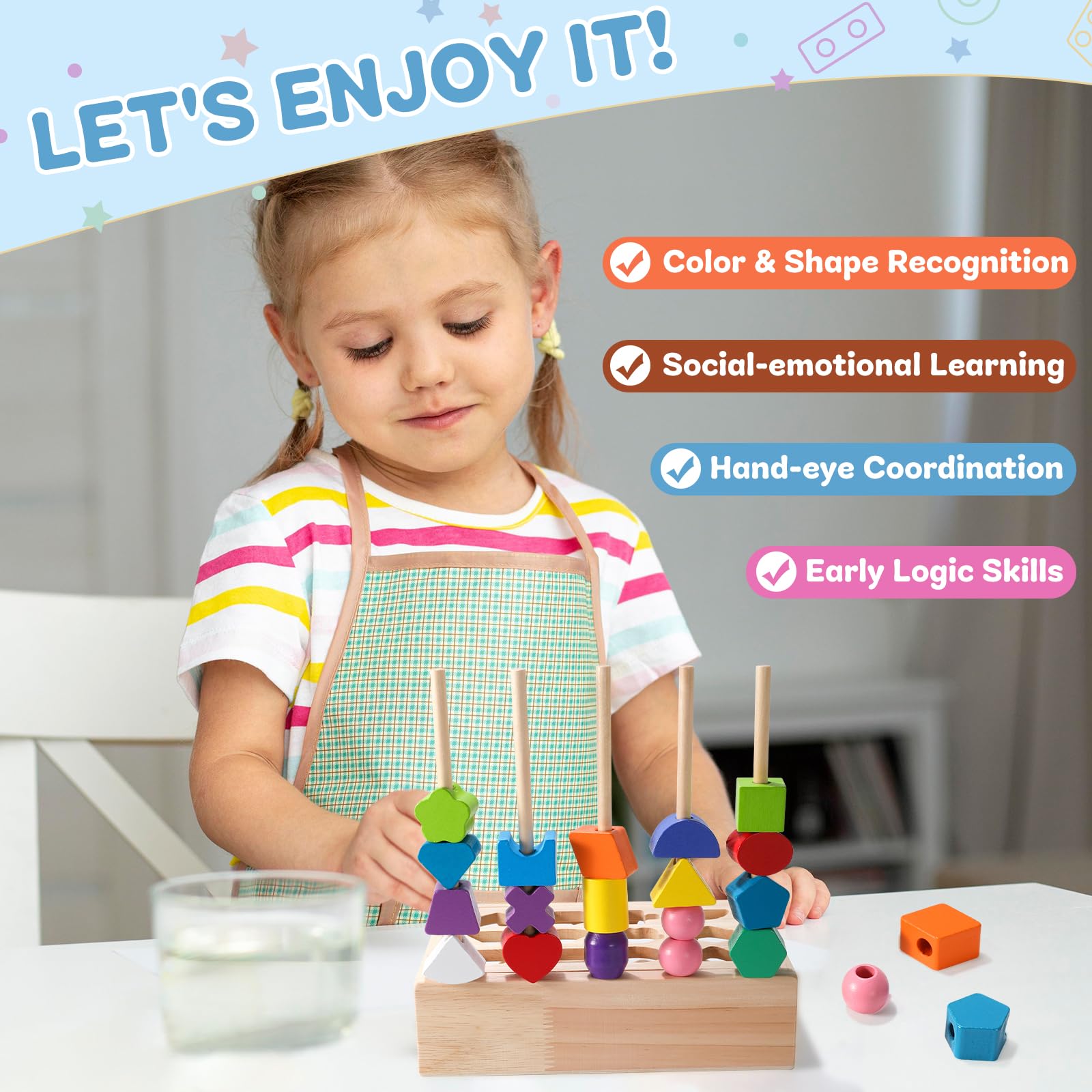 Juego de juguetes de secuenciación de cuentas de madera Montessori 3 en 1, clasificación de colores, apilamiento, formas geométricas, juego de cuentas de secuenciación, juguete de secuenciación 2