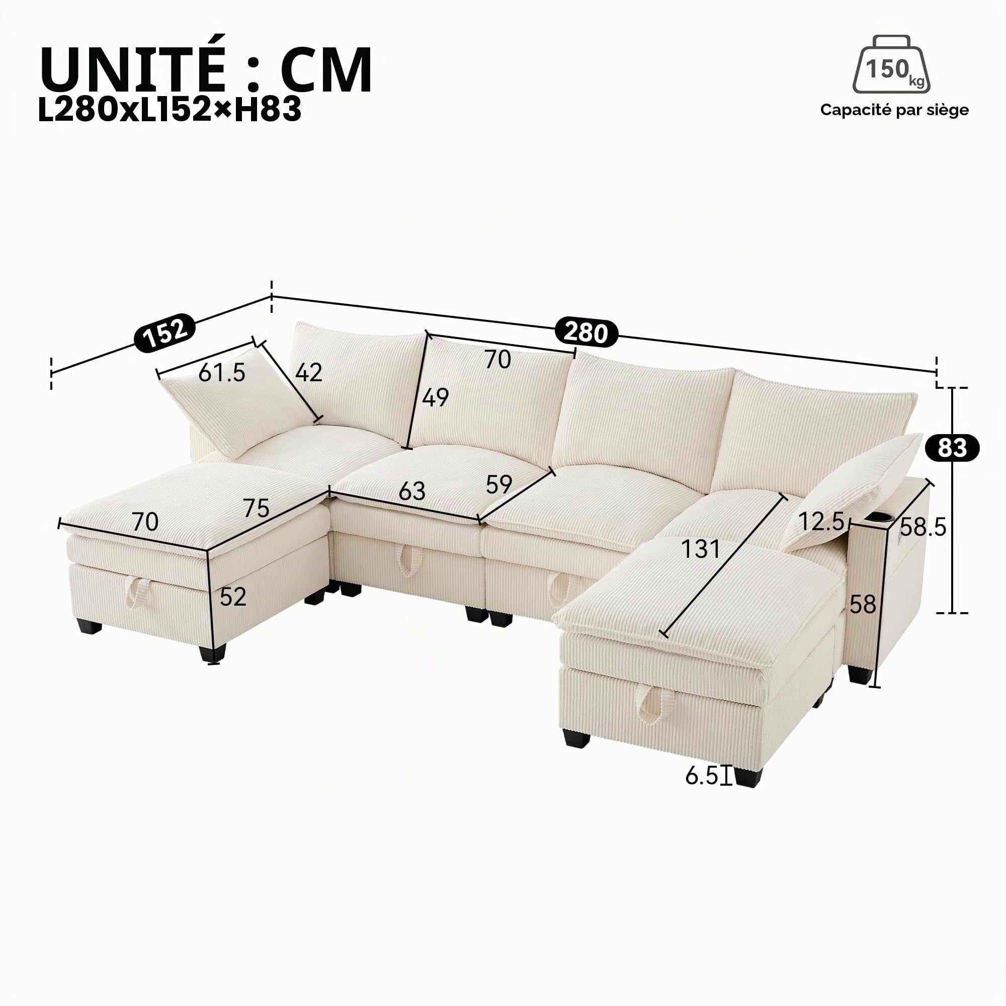 Canapé d’Angle Modulable en L/U 280 cm, 6 Places avec Repose-Pieds Amovible, Rangement, Porte-gobelet,Canapé Profond pour Salon, Meuble de Salon Moderne,canapé Convertible,Beige