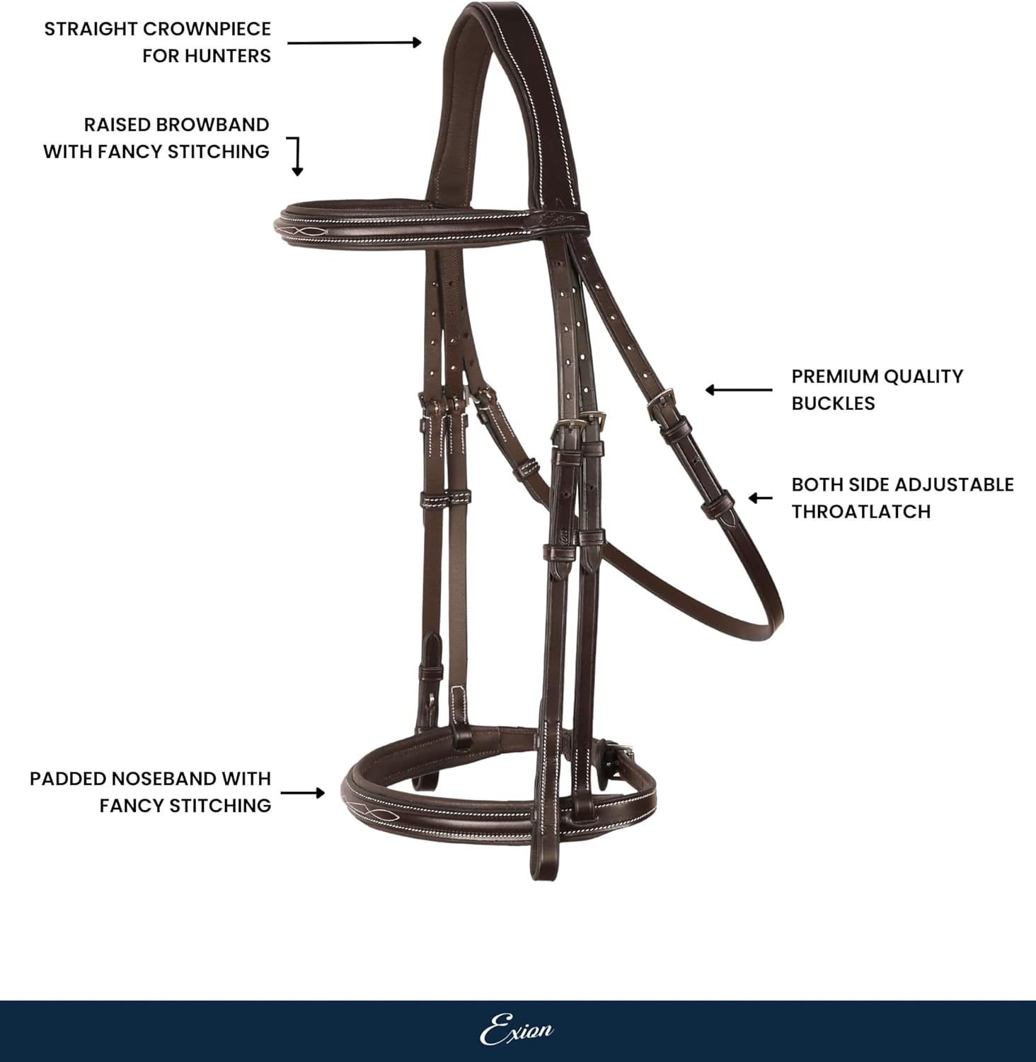 Exion English Hunter Bridle with Designer Stitched Browband & Hunter Noseband – Anatomical Mono Crownpiece, Padded Noseband, Rubber Reins – Horse, Cob, Pony, Oversize – Black, Havana, Oak Brown