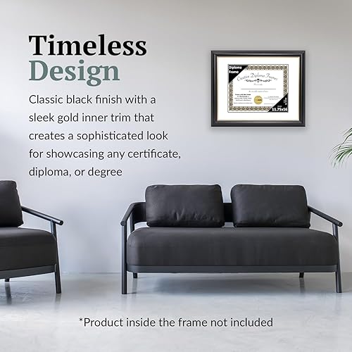 Vista 176 de Creative Picture Frames Marco para diploma Rockefeller de 9 x 12 pulgadas, color negro con borde dorado, muestra un certificado de 9 x 12 pulgadas