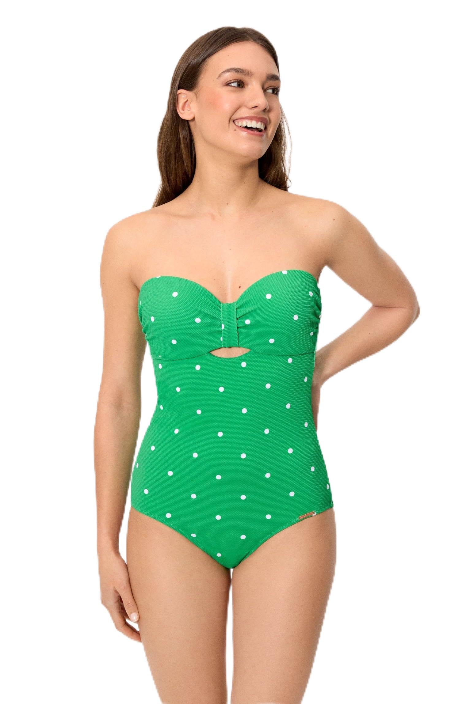 YSABEL MORA. Bañador Moldeador Bandeau con Aro Piqué Lunares. Compresión Ligera En Abdomen para Silueta Estilizada. Copa B con Relleno para Mayor Sujeción Y Cobertura Colección Lime.