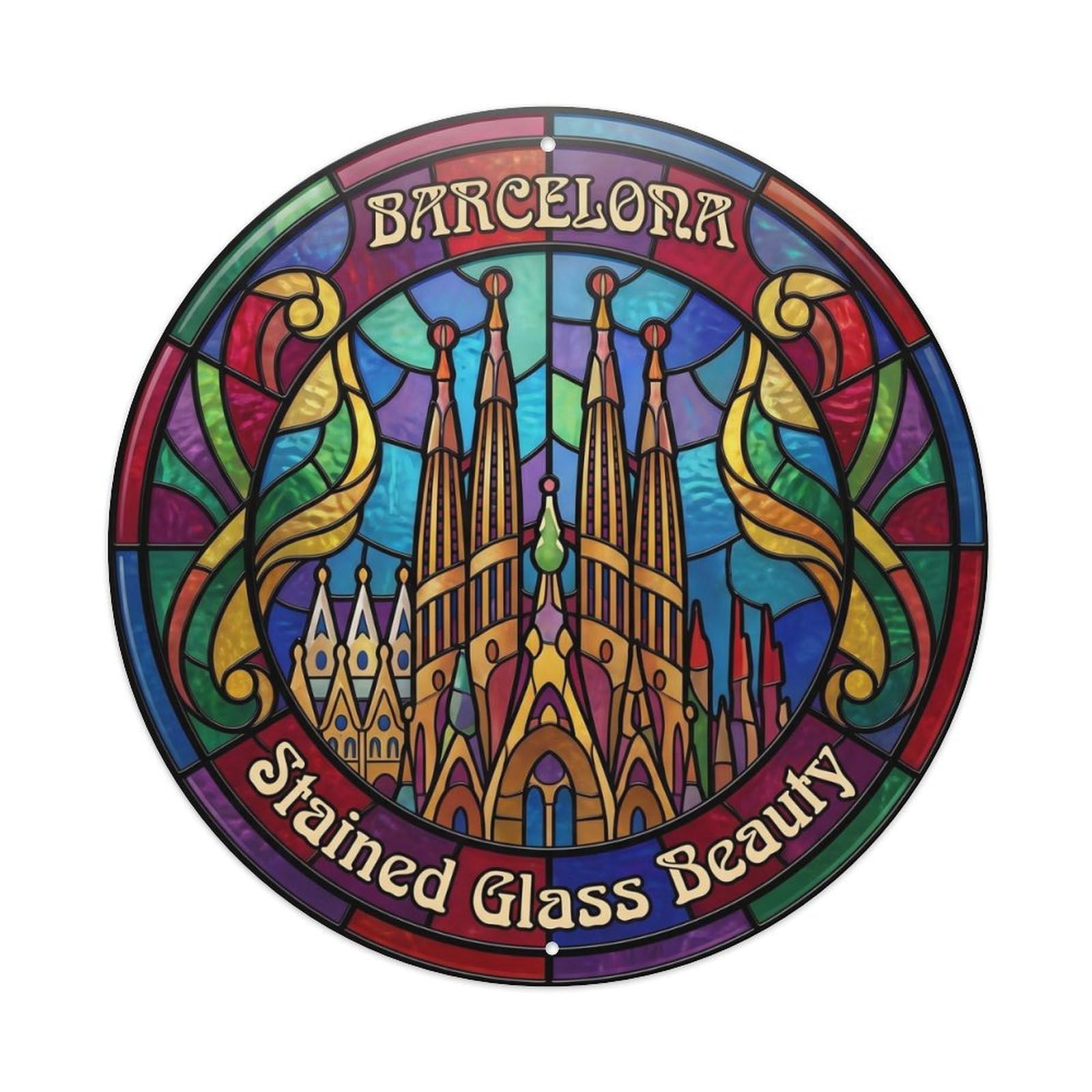 Vintage Travel Barcelona Stained Glass Catalan Metal Tin Sign Plaque Wall Decor for Cafe, Club, Garden Round Metal Poster 8x8Inch