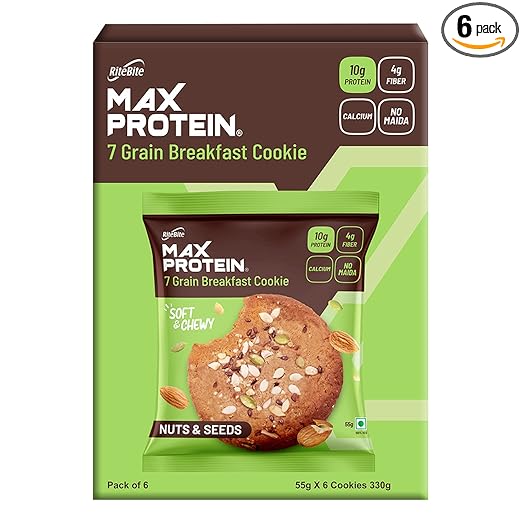 RiteBite Max Protein 7 Grain Breakfast Cookies - Nuts & Seeds 330 g - Pack of 6 ( 55g x 6 ) Protein | Fiber | Calcium | No Maida | GMO Free | No Preservatives | Oats | Ragi | Quinoa | On the go Snack | Soft & Chewy