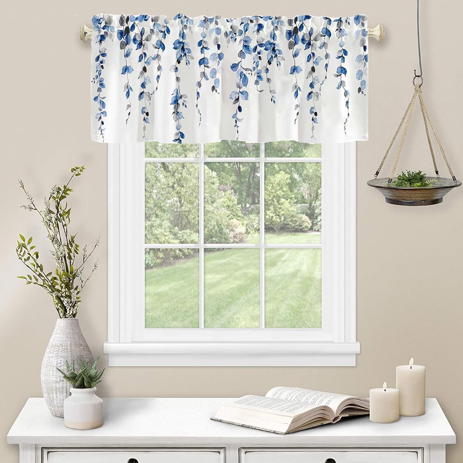 2 Pack Blue Watercolor Leaves Curtain Valance for Kitchen Window,Leaf Vine Plant Valance Curtains & Drapes 3" Rod Pocket Window Treatment for Bedroom Living Room Curtains Over Sink 54x18in,2 Panel