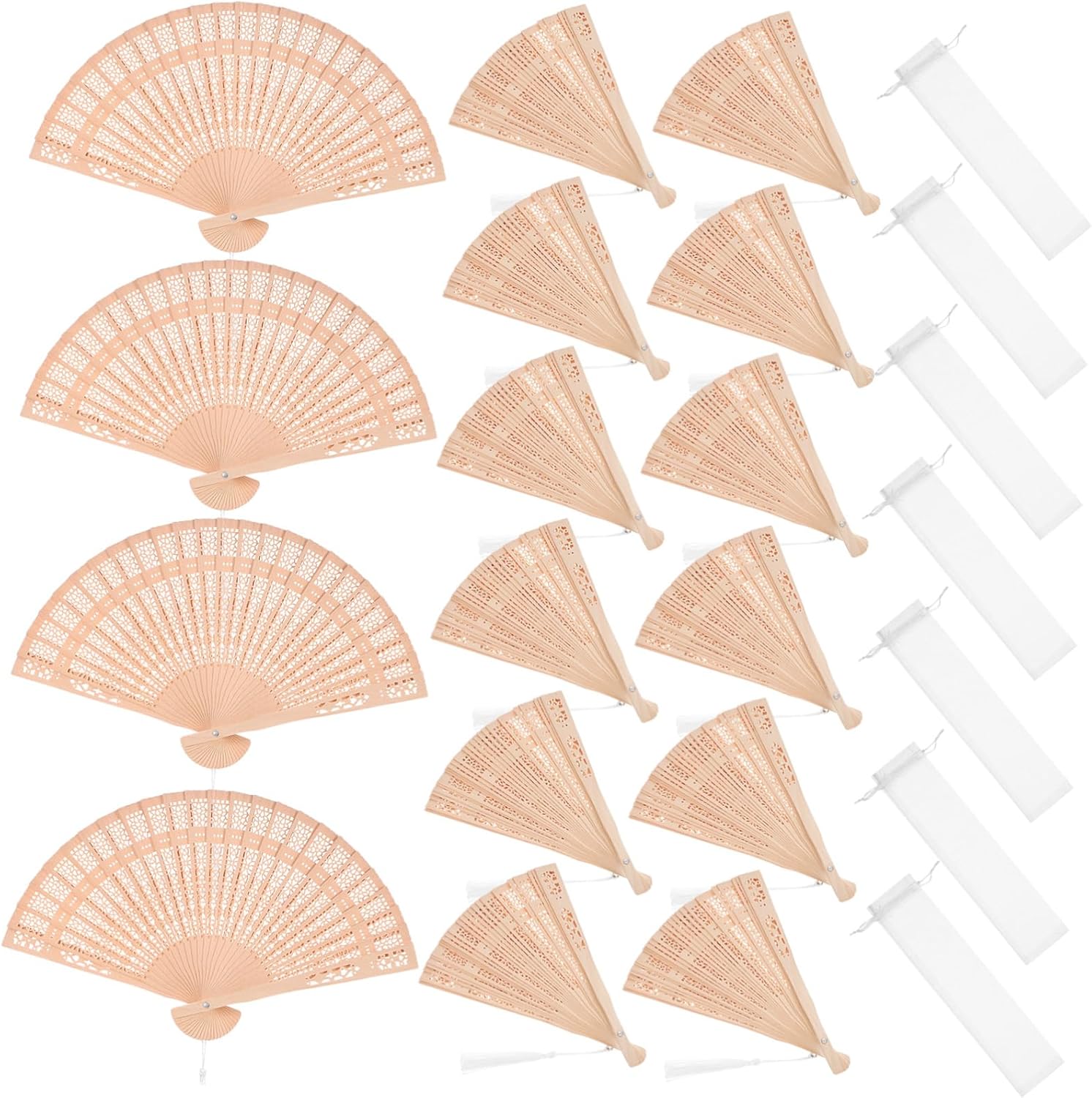 GALPADA 50pcs Vintage Handheld Folding Fans Tassels and Organza Bags Construction for Weddings Parties and Special Occasions Elegant Chinese Decor