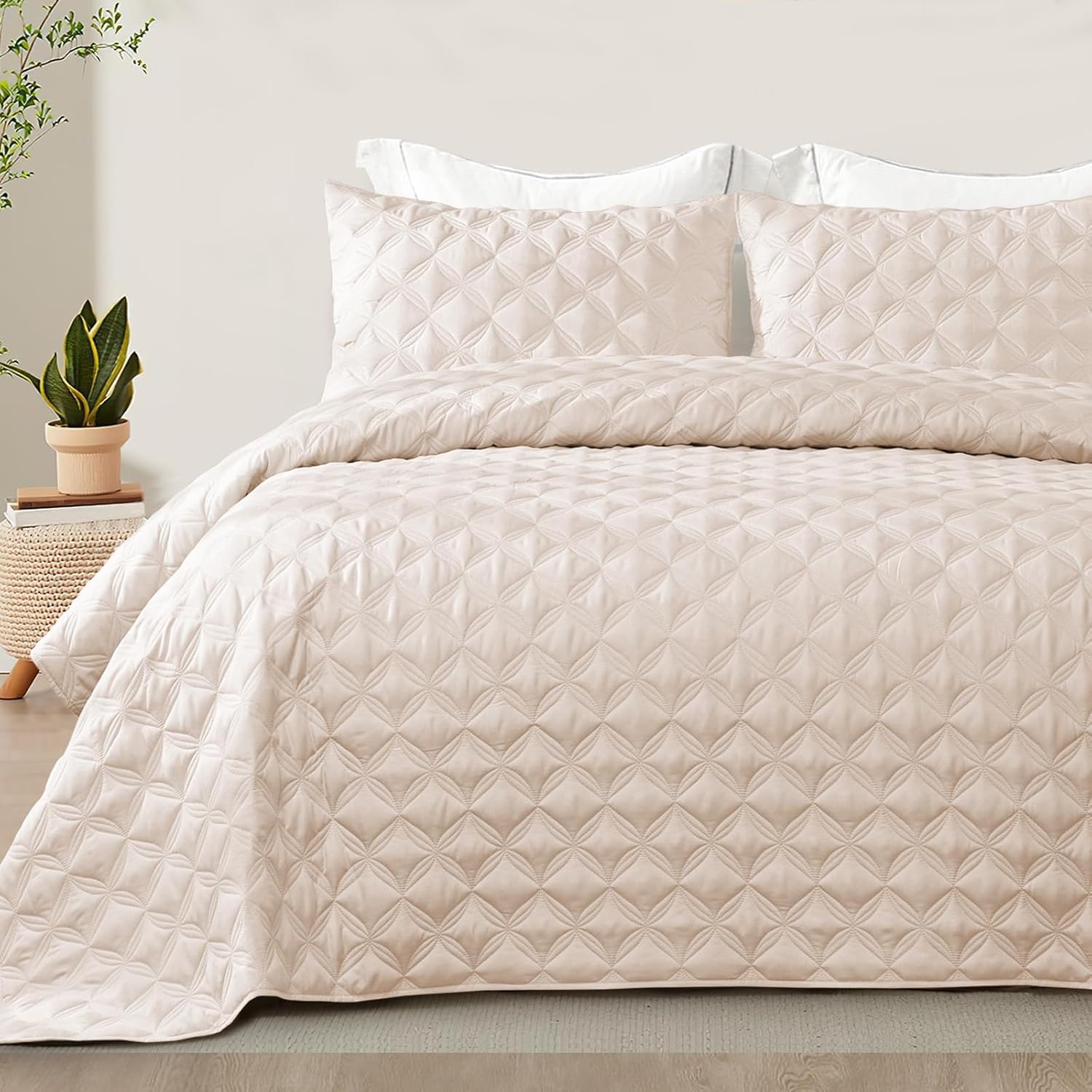 Exclusivo Mezcla Full Queen Quilt Set, 3 Pieces Lightweight Quilts Queen Size with Geometric Ellipse Pattern, Soft Quilted Bedspreads Brich Beige Coverlets Bedding Set for All Seasons