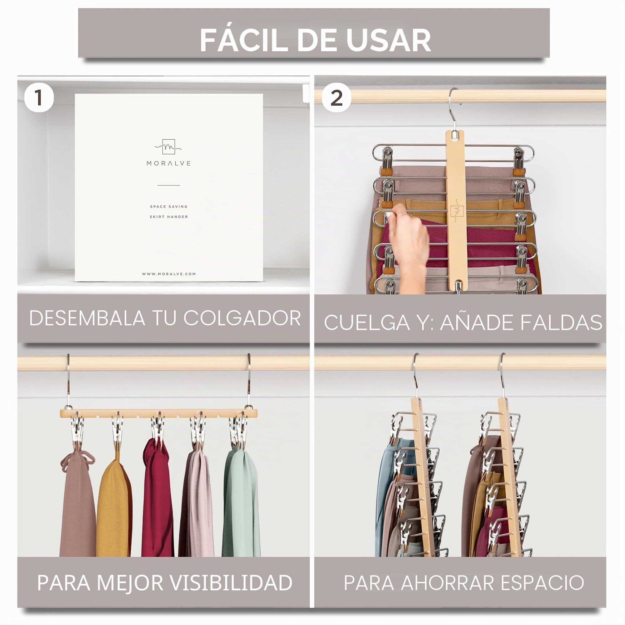 MORALVE Perchas para faldas que ahorran espacio con clips, paquete de 2, colgador europeo de 5 niveles de madera de haya para pantalones cortos, faldas y pantalones, organizador de armario y solución