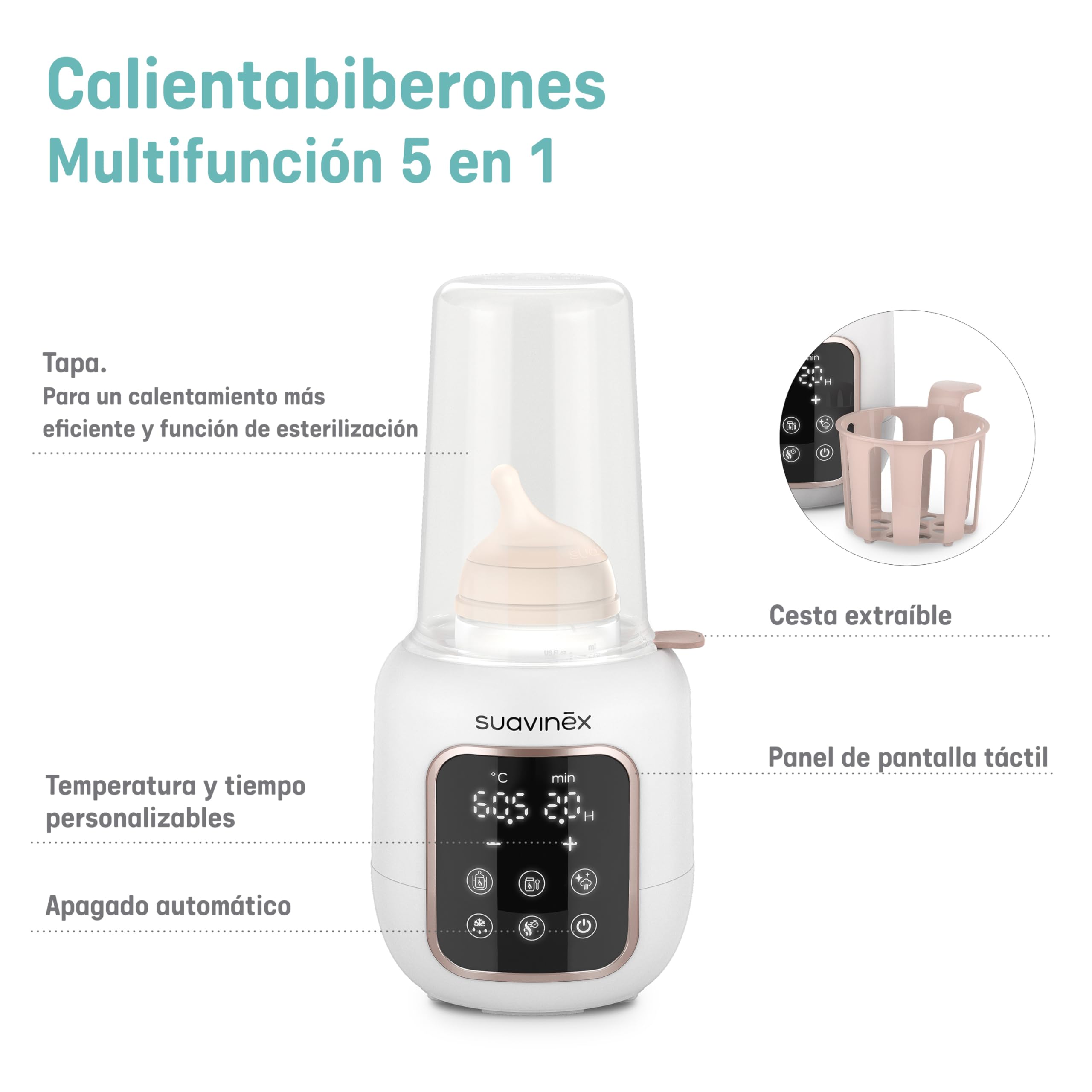 Suavinex, Calientabiberones y Esterilizador 2 en 1, Esteriliza Biberones y Chupetes, Calienta y Descongela Biberones, Leche Materna y Potitos, con Modo Rápido y Apagado Automático, Fácil de Usar