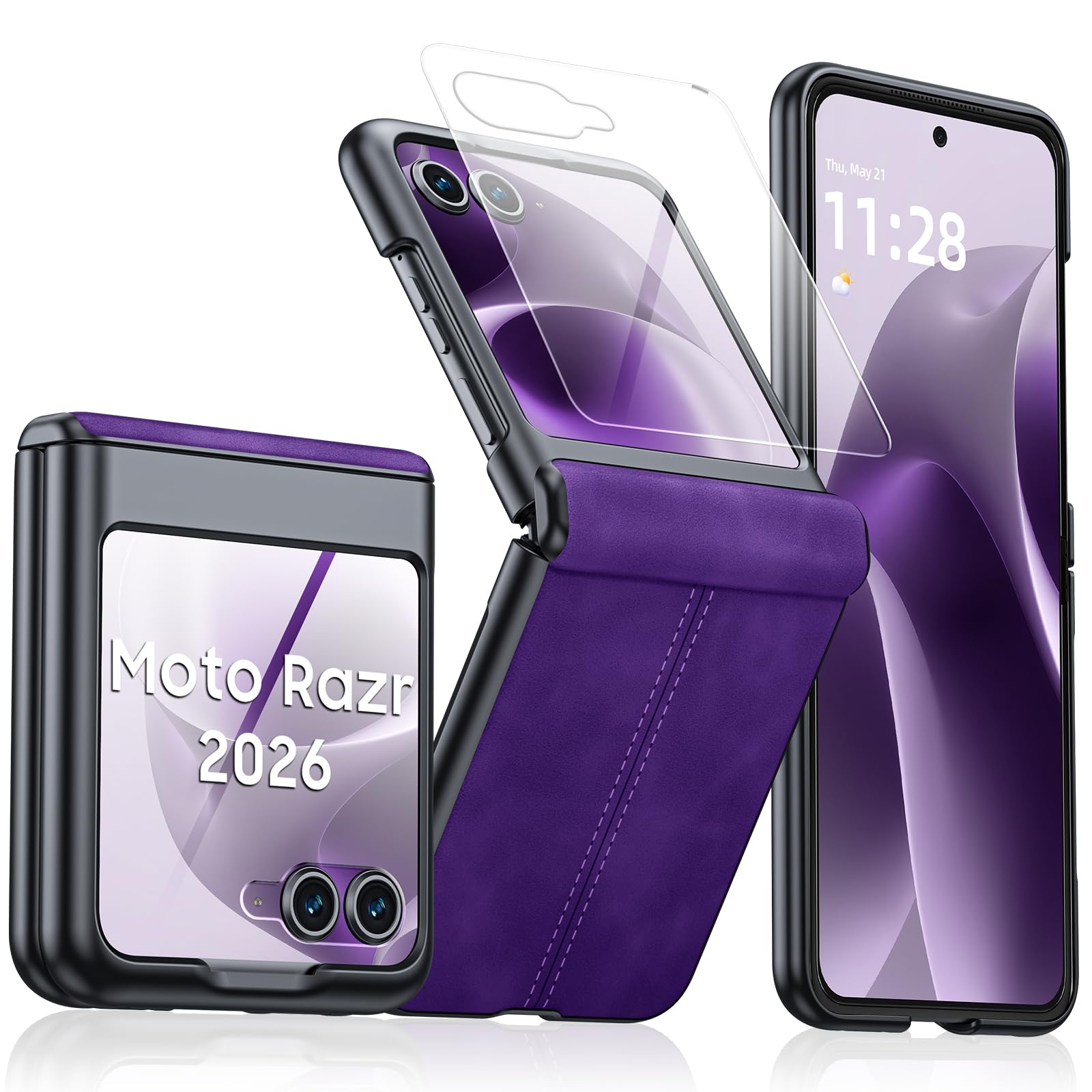for Motorola Razr 2026 Case with Hinge Protection &amp; Built-in Outer Screen Protector, Ultra-Thin PU Leather Matte PC Shockproof Cover, Slim Protective Phone Case for Moto Razr 2026-Purple