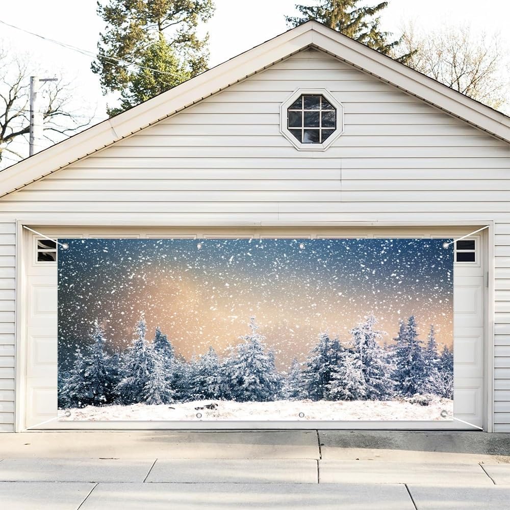 Leyiyi 7x8ft Winter Forest Snowy Scene Garage Door Decorations Banner Glitter Winter White Forest Ice Wonderland Garage Door Backdrop for Xmas New Year Party Outdoor Decor Family Portrait Props