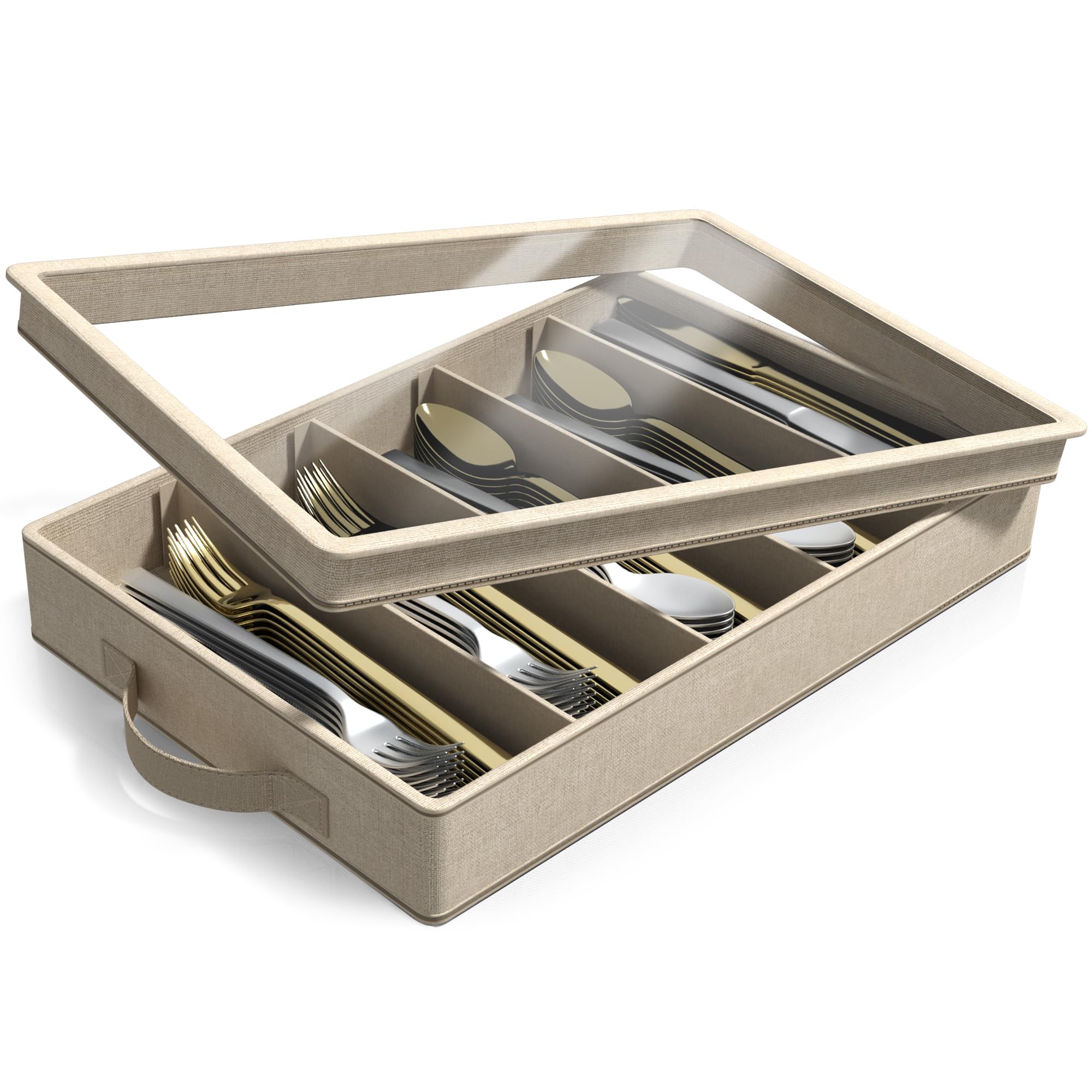 Sorbus Flatware & Utensil Storage - Fabric Chest Box for Storage and Organizing Utensils, Silverware, Flatware, Cutlery - Silverware Organizer Container with Clear Lid & Adjustable Divider
