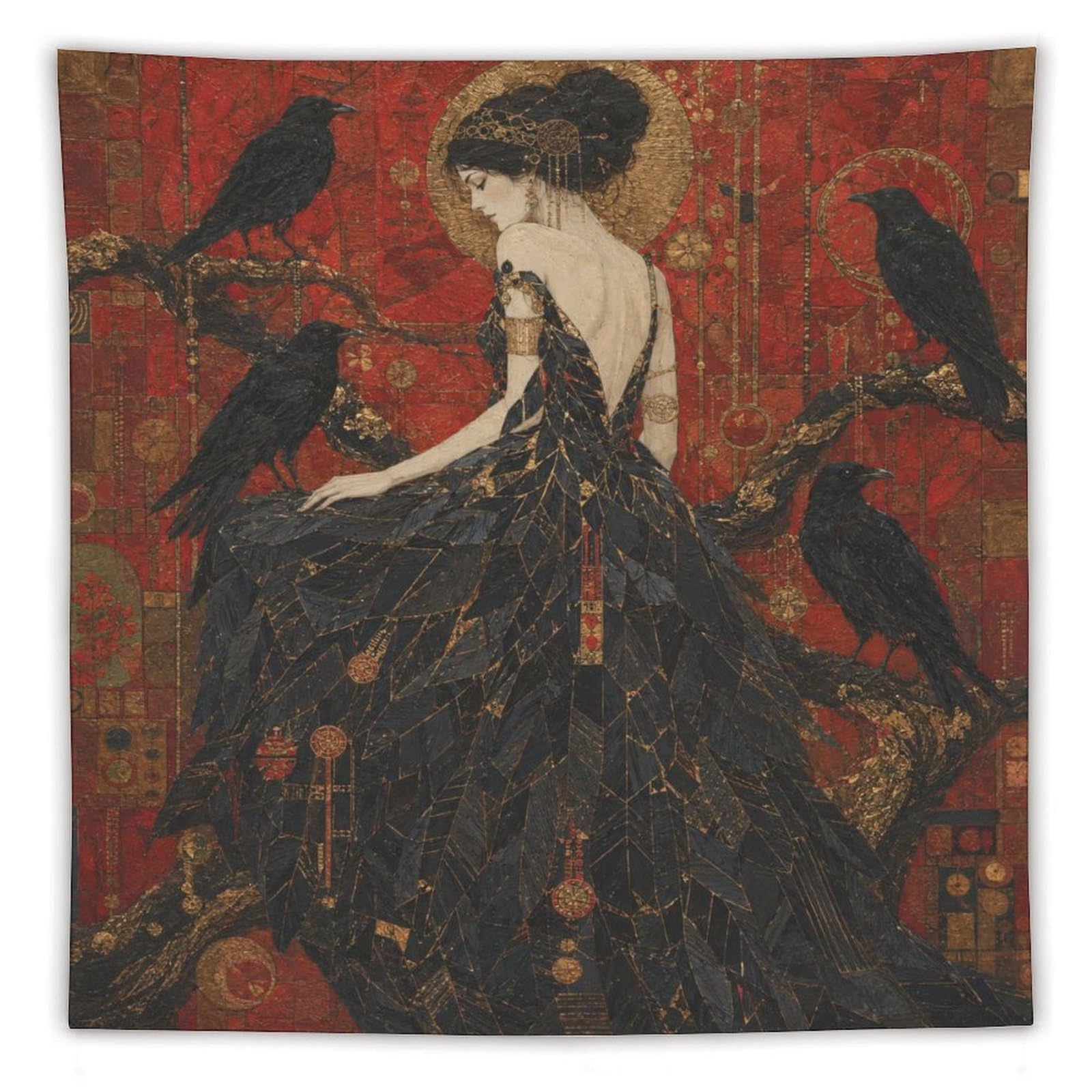 W7C8U2X3 Raven Woman on Branch Wall Tapestry, Gothic Oil Style, Entryway