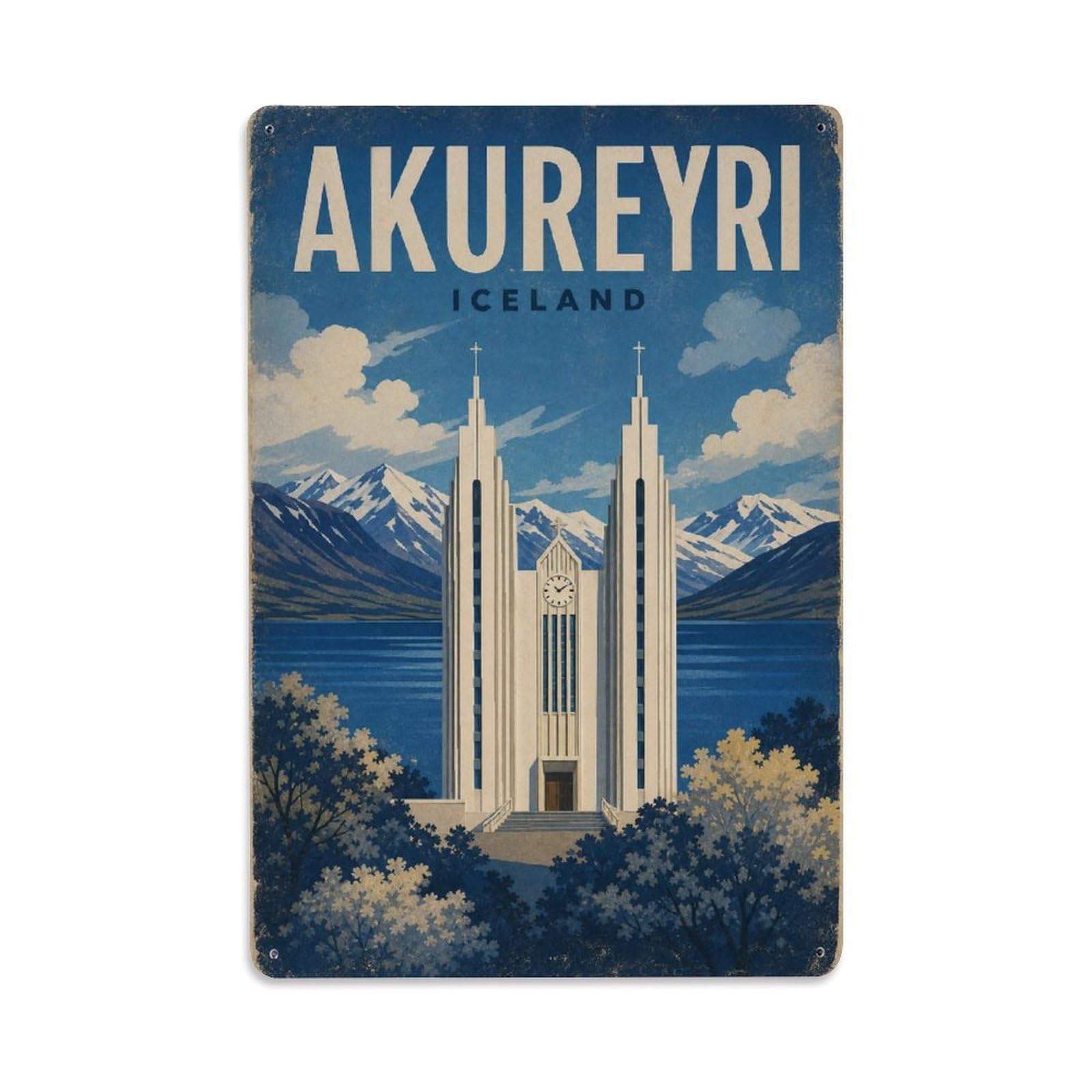 Retro Travel Iceland Akureyri Metal Tin Sign Plaque Wall Decor for Cafe, Club Bar, Office, Garden Metal Poster 8x12Inch