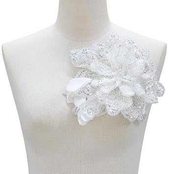 HHQ Beaded Sequin Flower Applique for Dress Waist Sew on Floral Patches Sparkly Silvery Crystal Beads Bodice Accessory for Wedding Dresses DIY Decorative Clothes (B-Silver)