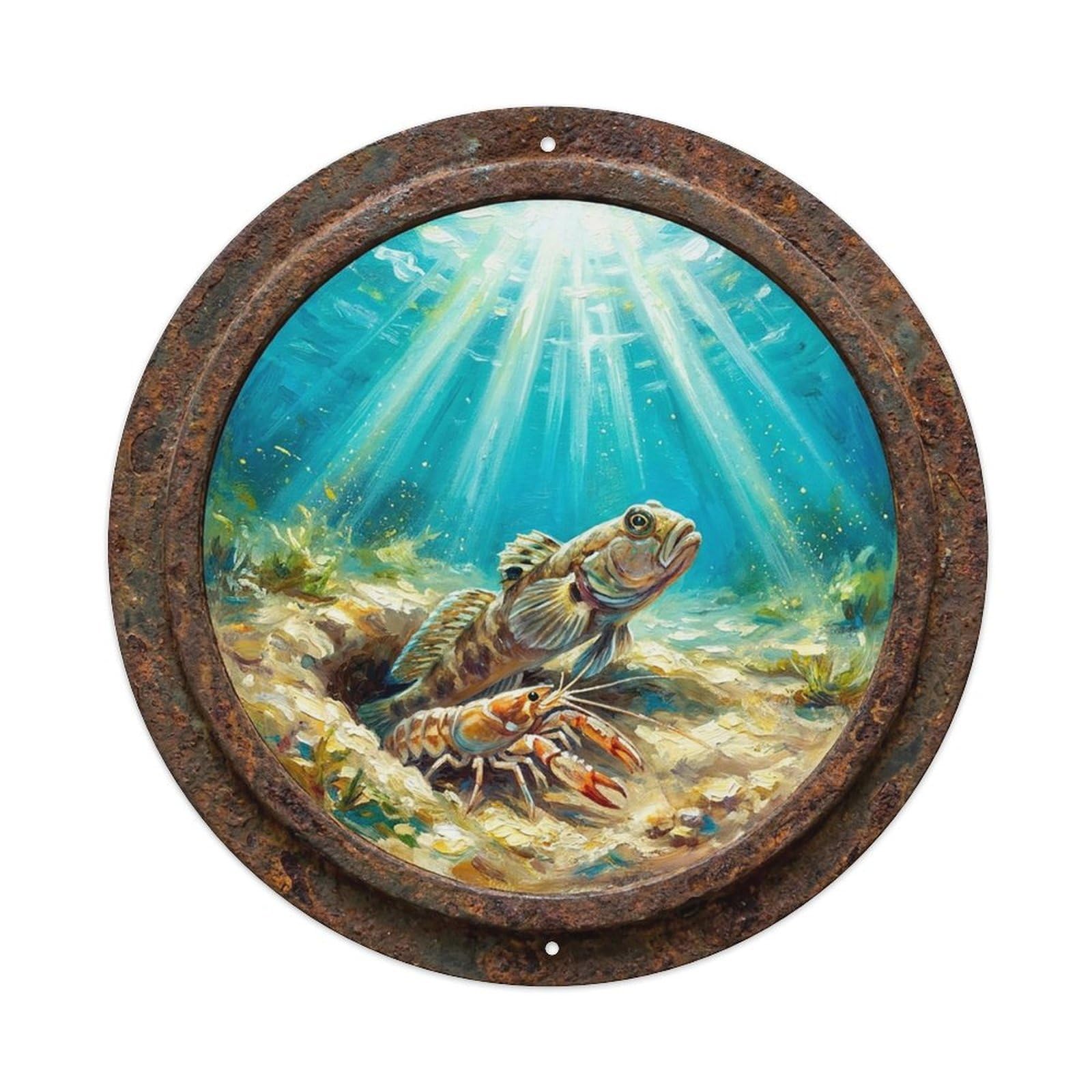 Vintage Porthole Goby Shrimp Ship Window Under Deep Metal Tin Sign