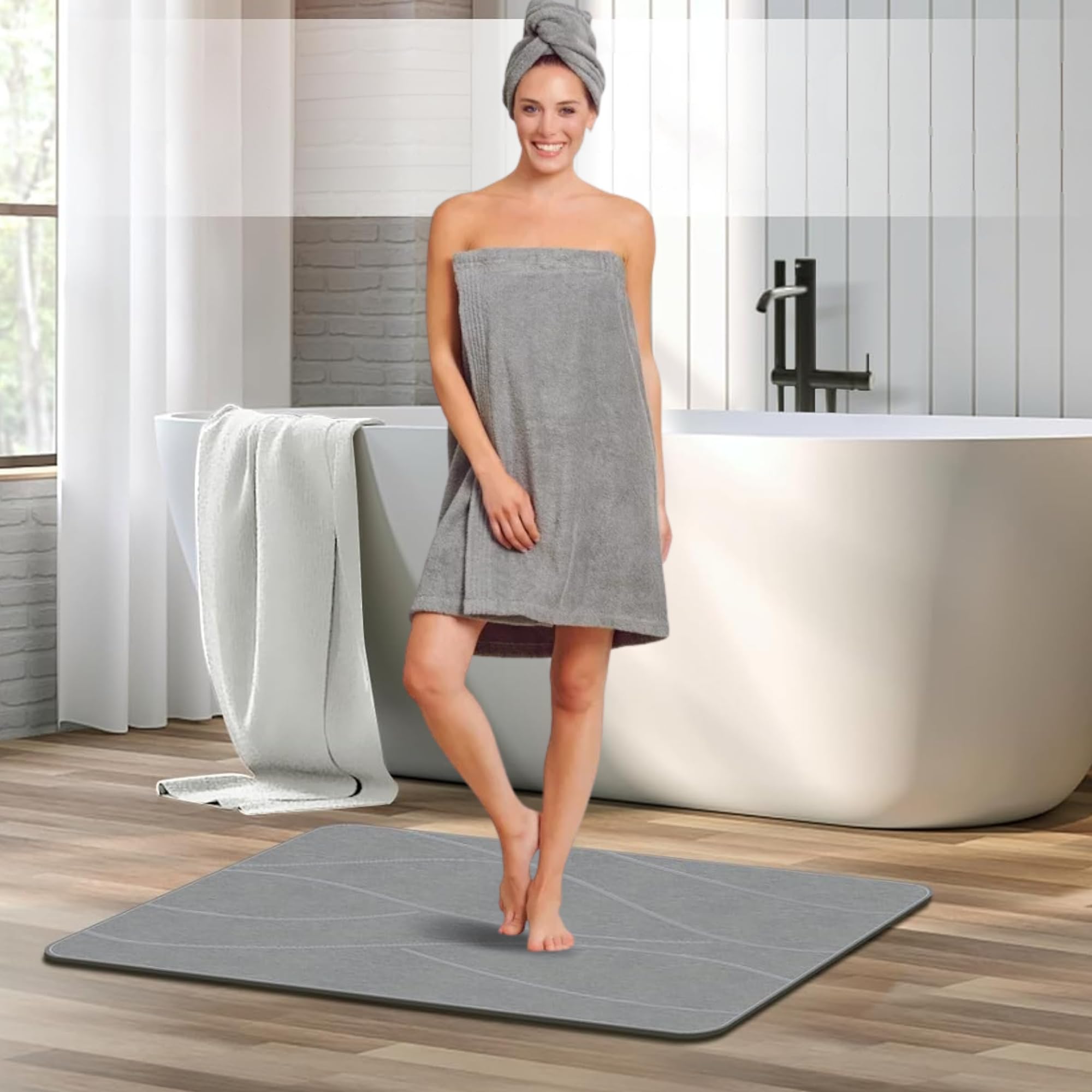 Tapis de bain en pierre de diatomite super absorbant, séchage rapide, facile à nettoyer, antidérapant, polyvalent, pour salle de bain, cuisine et plus encore - 40 x 60 cm (diatomite, gris)