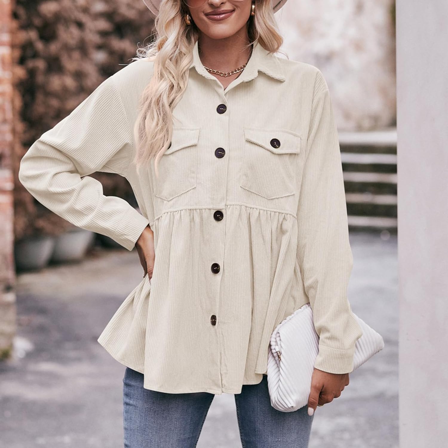 TICIFEN Womens Corduroy Shirts Long Sleeve Button Down Blouses Cute Peplum Babydoll Tunic Dress Shirts Loose Jacket Shackets - Image 4