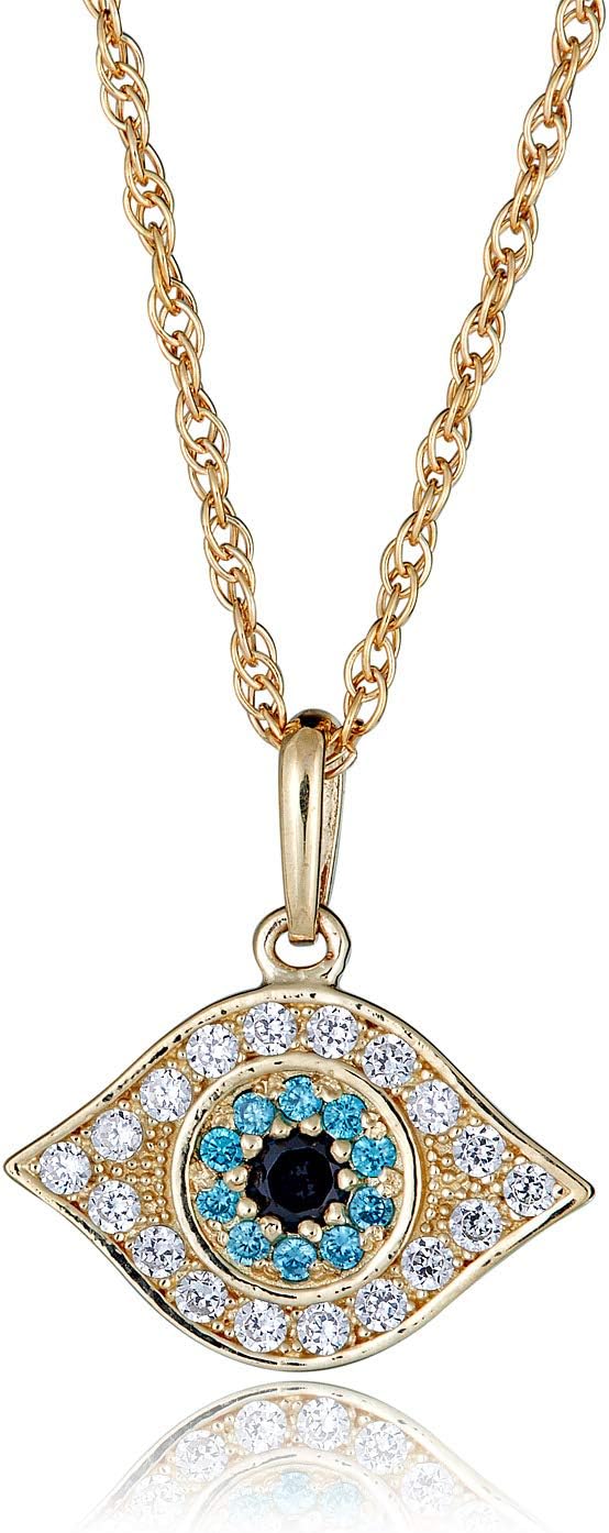 AVORA 10K Yellow Gold Simulated Diamond CZ Evil Eye Pendant Necklace with 18" Chain