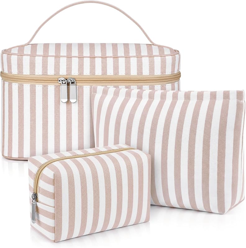 Necessaire de maquiagem Huhumy com 3 peças, tecido seersucker, cáqui, listras largas