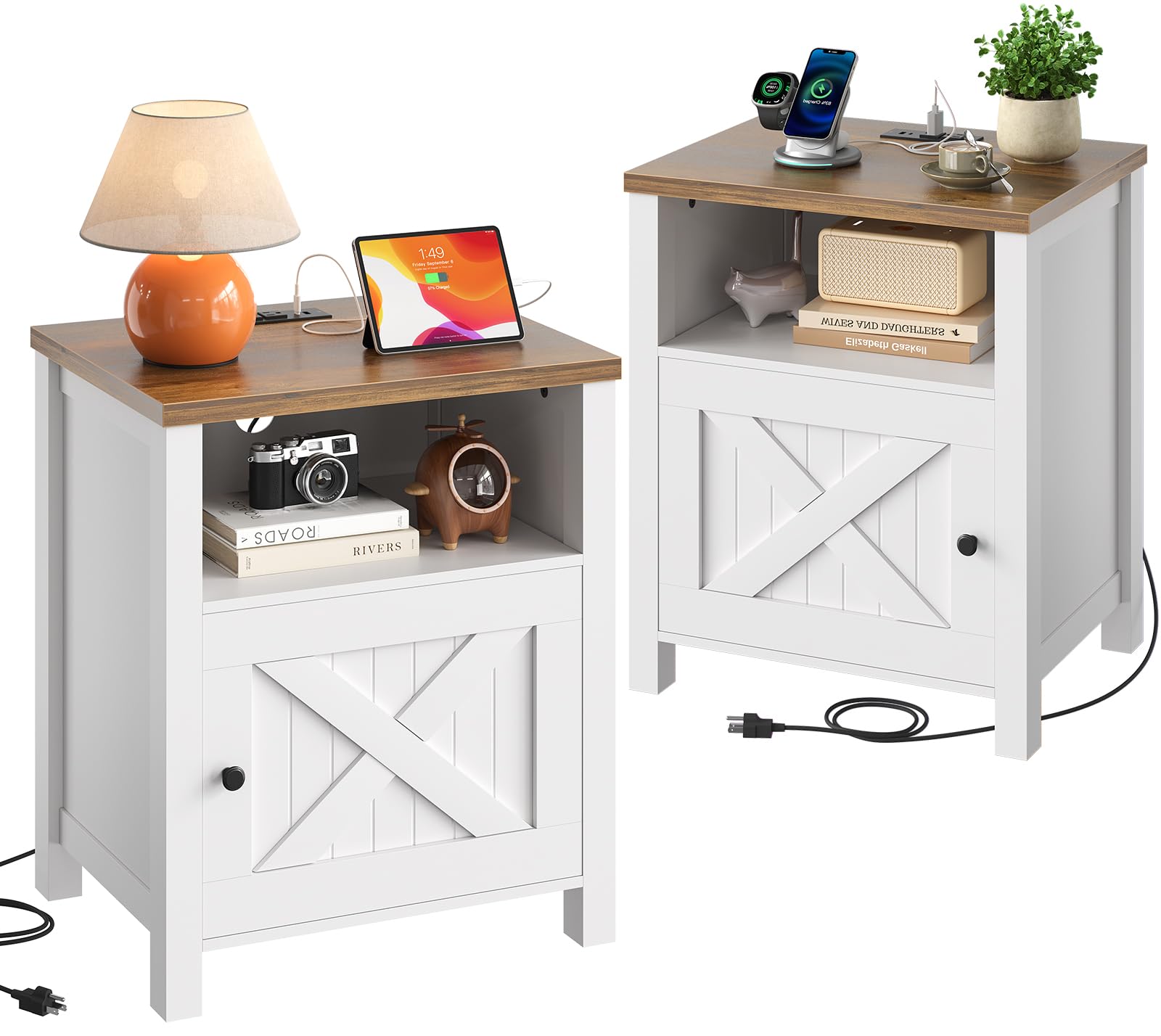 Marsail Farmhouse Nightstand Set of 2 with Charging Station, Wood Bedside Table with USB Port & AC Outlet, Open Shelf and Enclosed Cabinet, Side Table