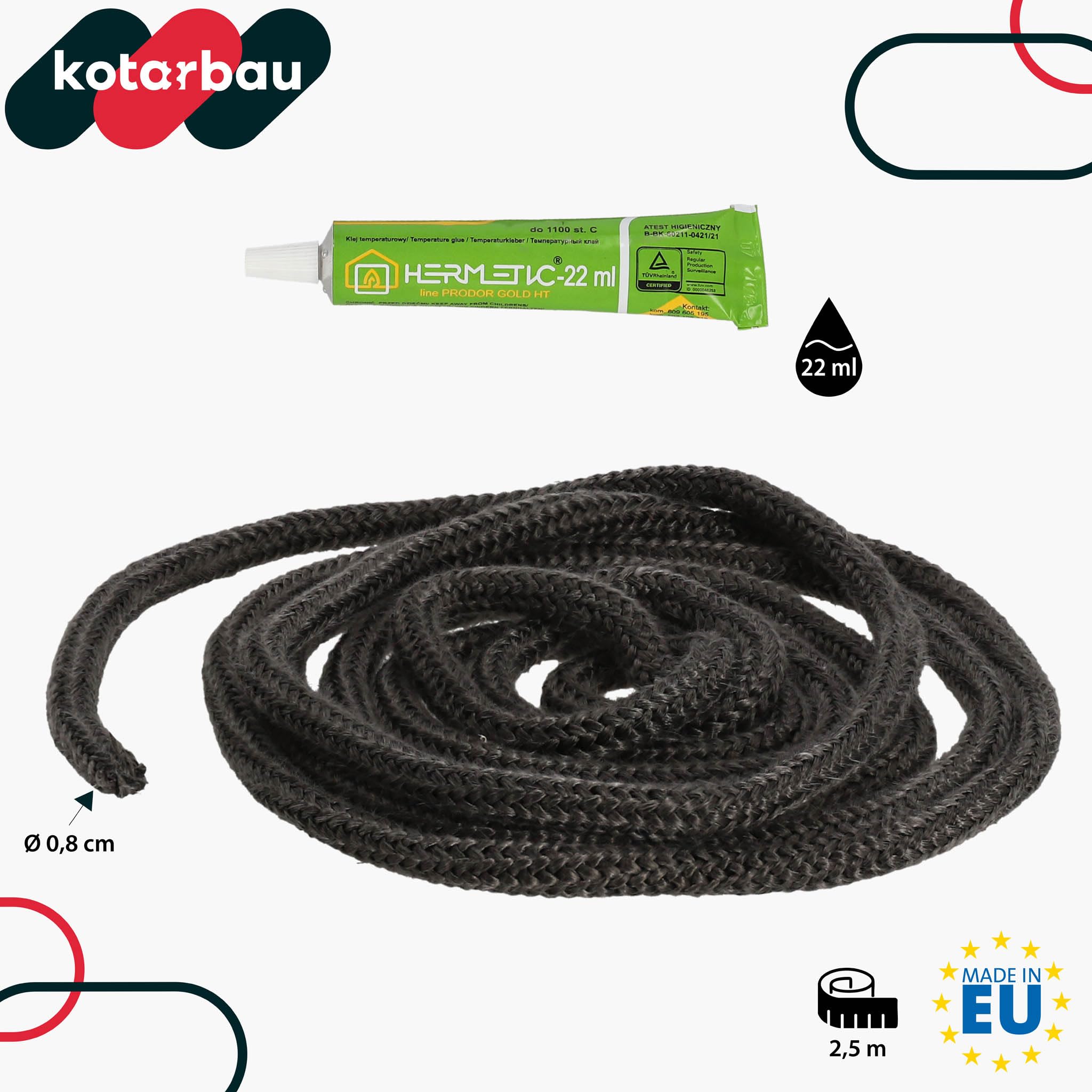 KOTARBAU® Sznur Do Uszczelniania Drzwi Kominka Pieca - 8 MM - 2,5 M -Przędza Szklana - Zestaw Naprawczy - Klej