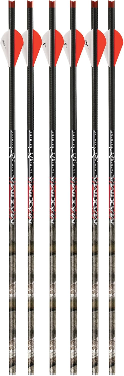 Carbon Express Maxima Hunter Fletched BuffTuff Plus Carbon Crossbolt with R2 Vanes, 6-Pack, Mossy Oak Treestand Pattern