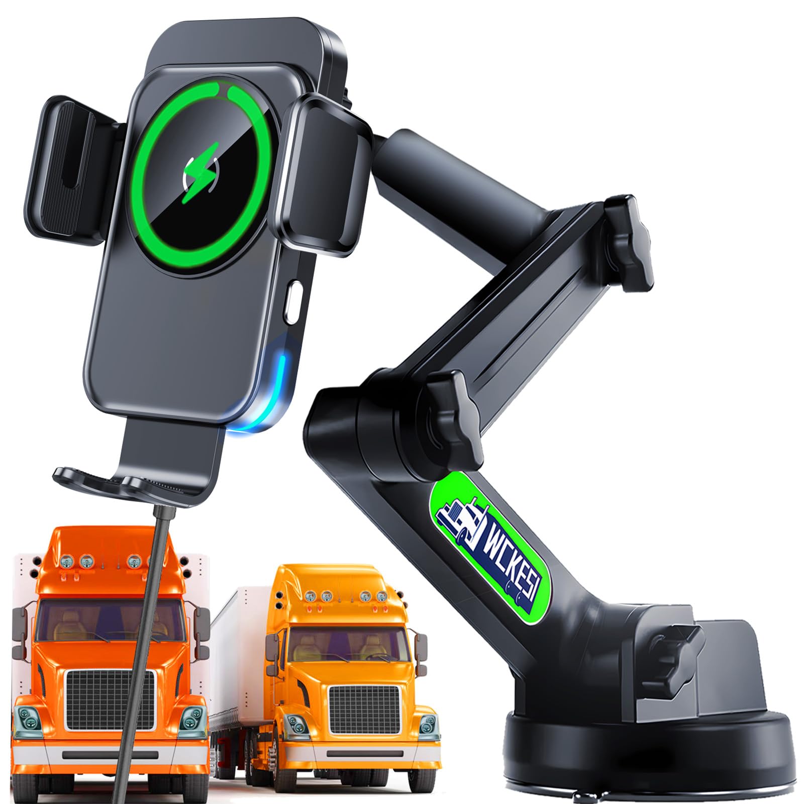 Wireless Car Charger Phone Holder Mount for Truck 15W Fast Charging 15 inch Long Arm Heavy Duty Phone