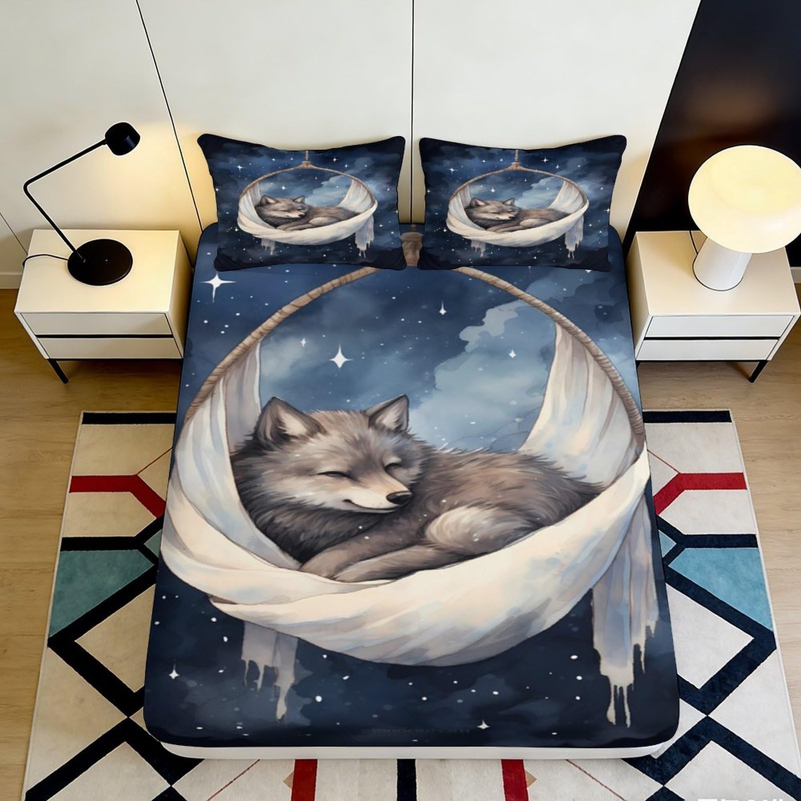 3D Printed Sleeping Wolf Fitted Sheet Microfiber Night Sky Bed Cover for Bedroom Dormitory Guest Room Mattress Protection and Decoration 200x200x25cm