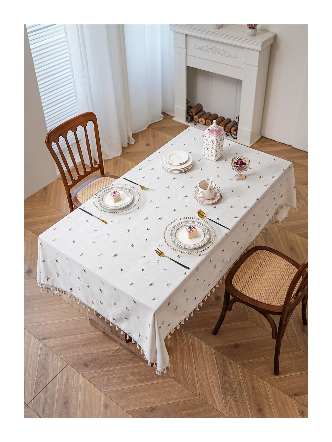 Mantel de Navidad Small Fresh Pink Flower Embroidery Hanging Spike Tablecloth Living Room Kitchen Dining Table Decoration(140x140cm)