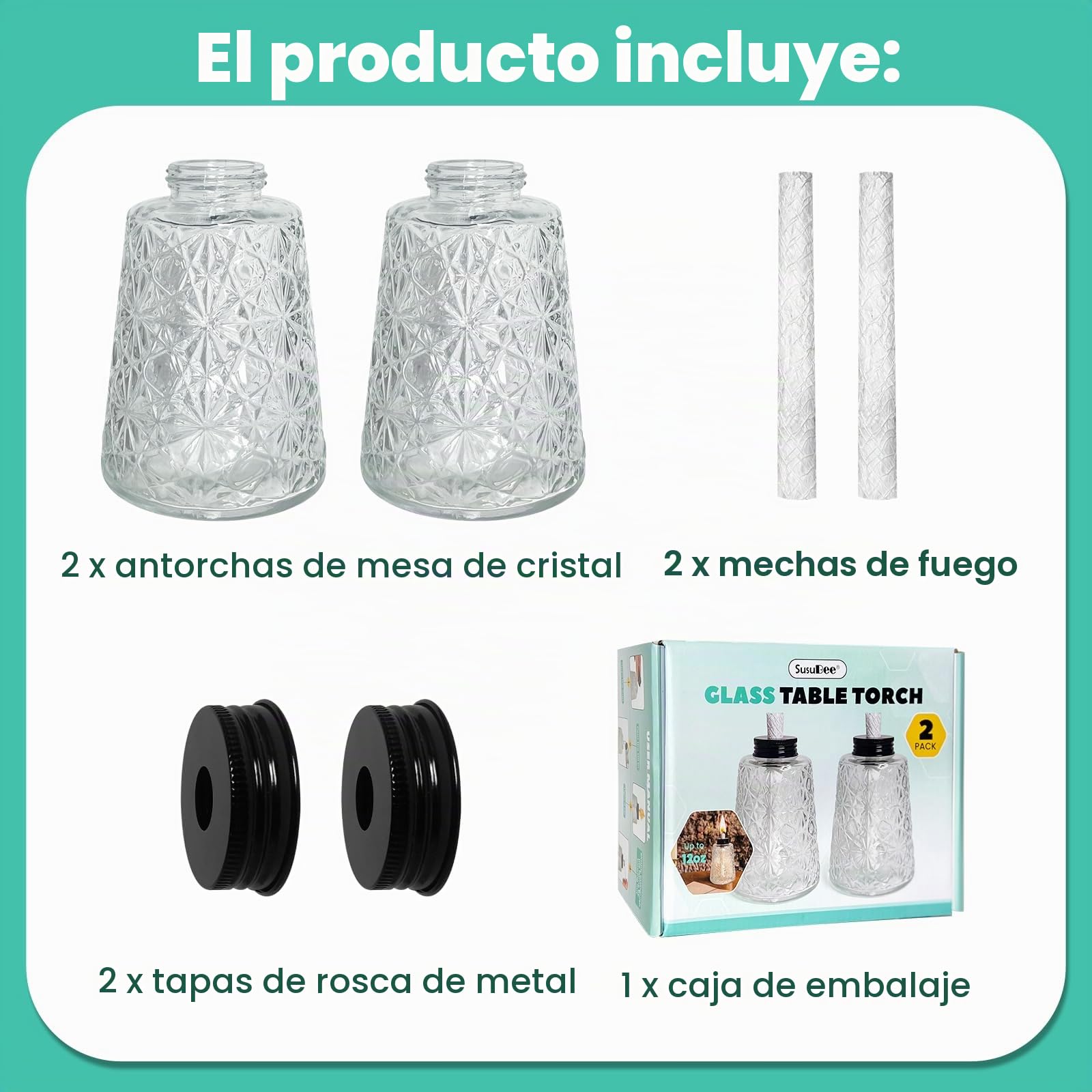 Paquete de 2 antorchas de cristal para lámpara de aceite de citronela para patio al aire libre con mechas y tapa