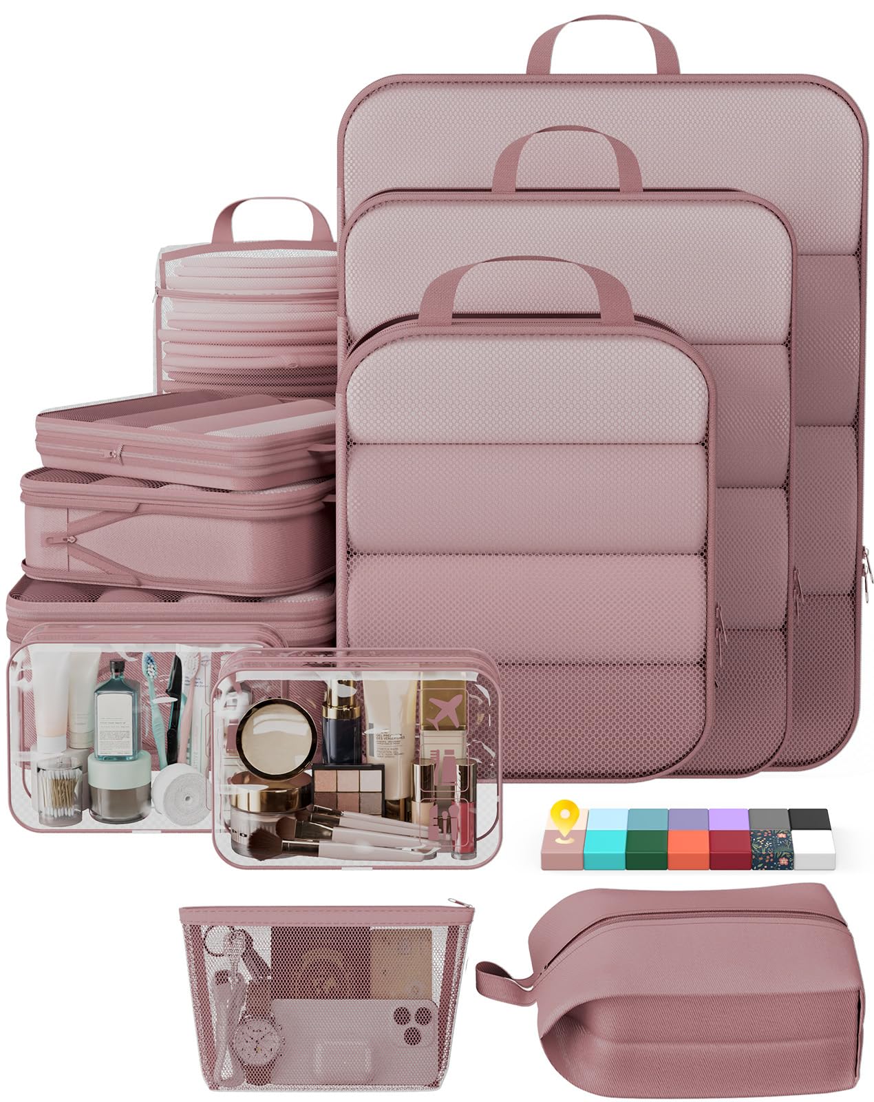 veken 11 set compression packing cubes for travel essentials,compressible expandable large luggage suitcase organizer bags for clothing,durable space saver storage bags with toiletry bags(light coral)
