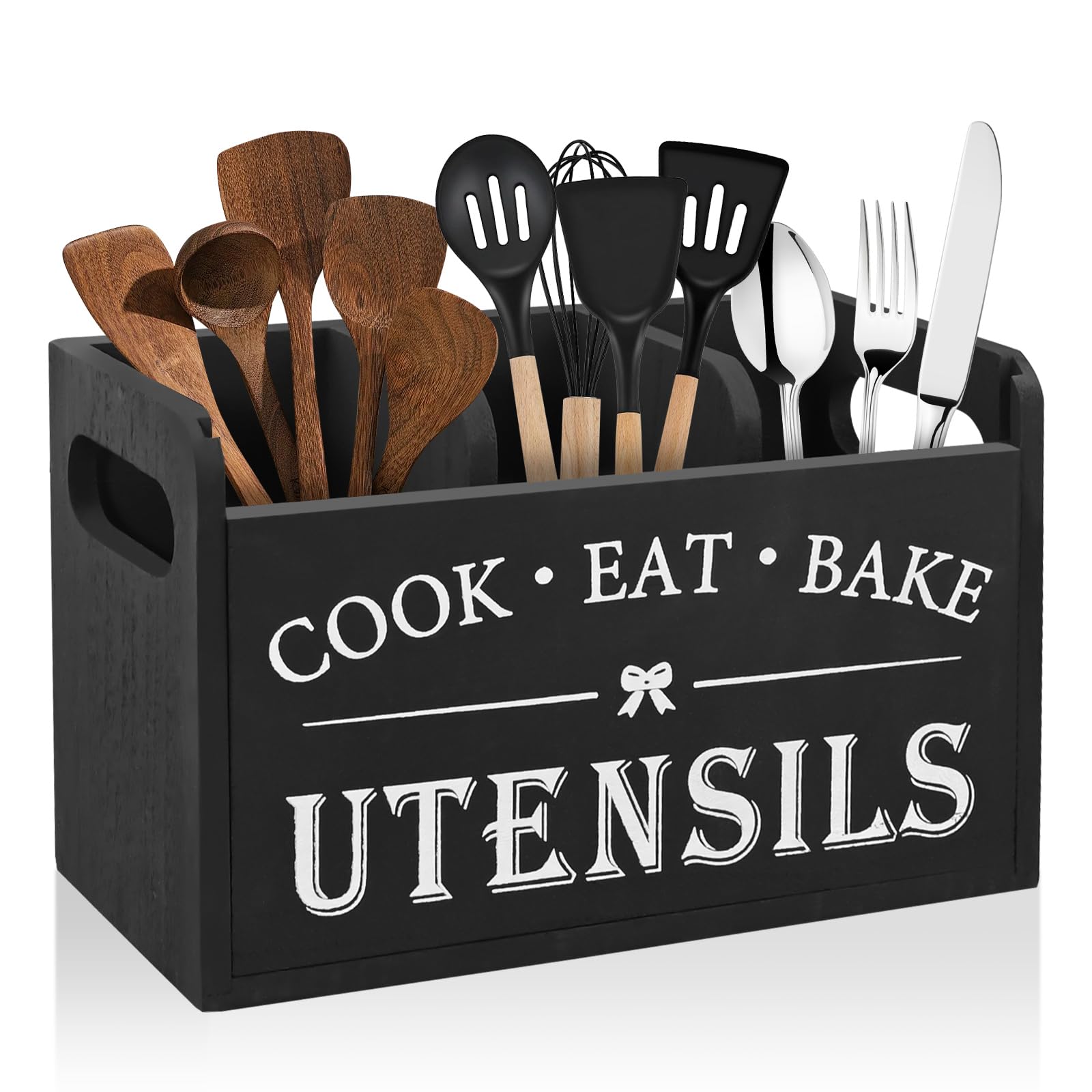 Kitchen Utensils Holder - Black Utensil Holder Cooking Utensil Organizer with 3 Compartment Drainage Bottom, Wooden Cutlery Storage Holder Farmhouse Cutlery Caddy, Cooking Tools Storage for Countertop