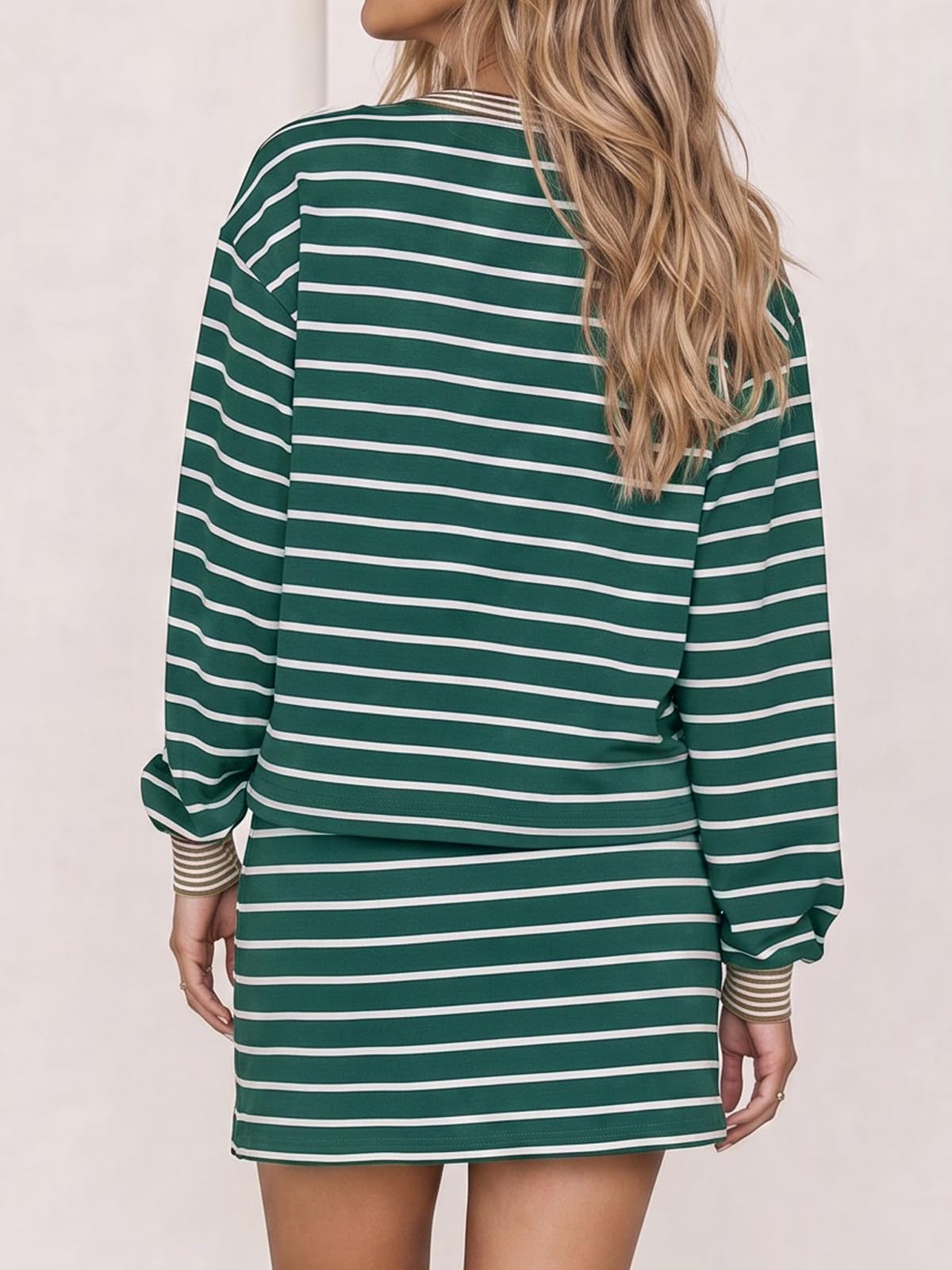 Fisoew 2-teiliges Damen-Outfit, gestreift, langärmelig, bauchfreies