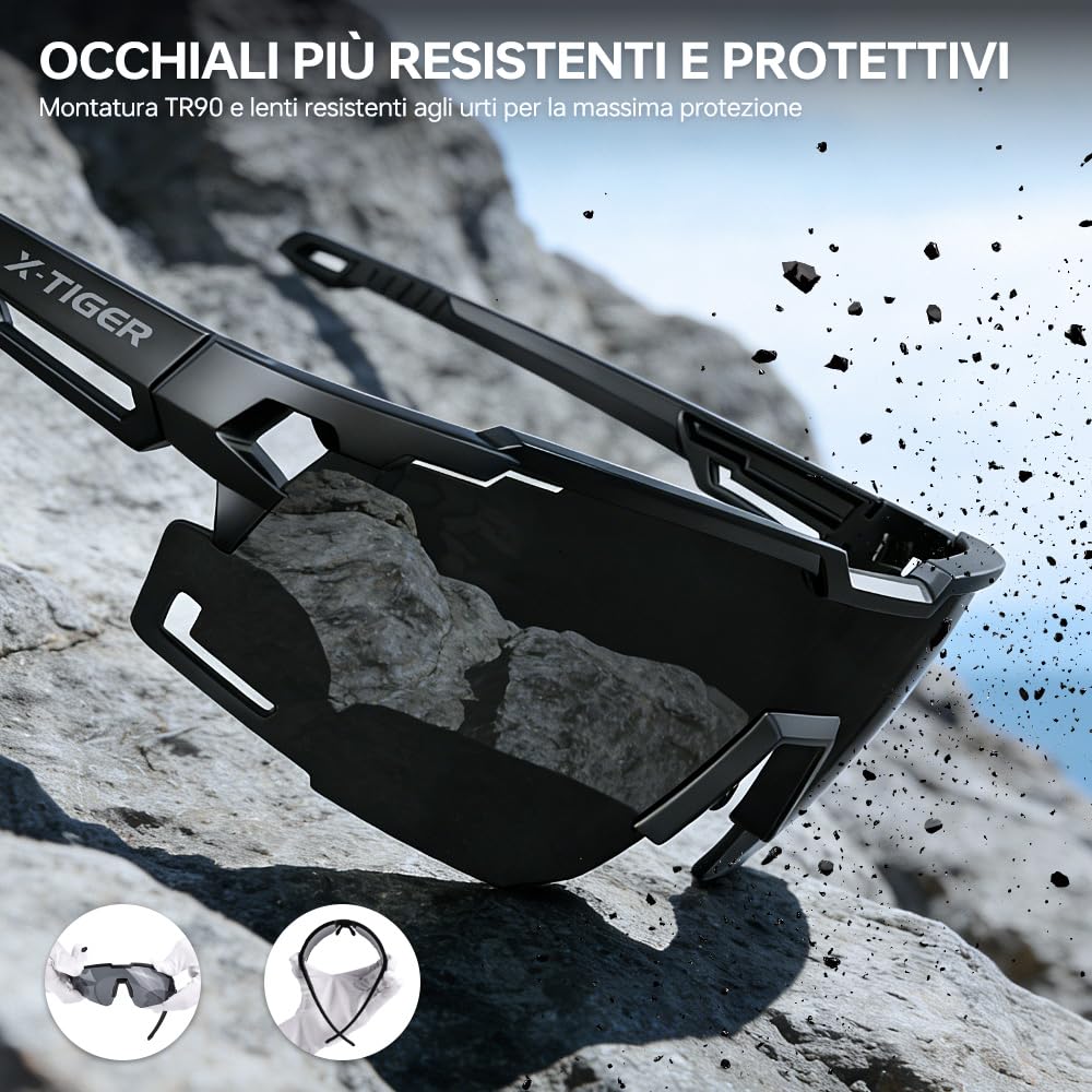 X-TIGER Occhiali da Ciclismo per Uomo e Donna, Montatura TR90 Ultraleggera, Occhiali Sportivi Polarizzati con Protezione UV400, Nasello e Ganci Auricolari Regolabili, Ideali per Corsa/Pesca