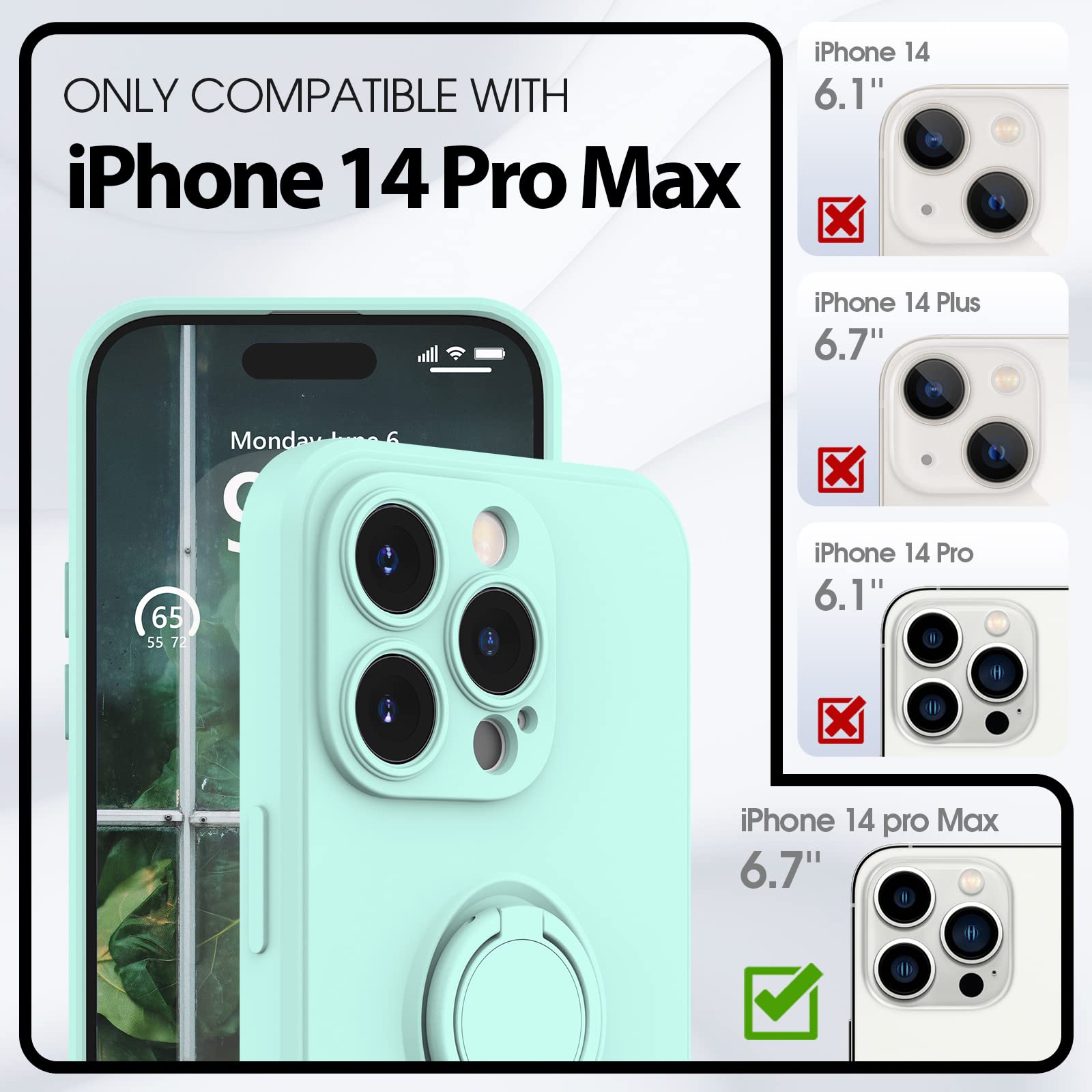 pcgaga Cover per iPhone 14 Pro Max con Pellicola Vetro, Custodia in Silicone con Protezione della Fotocamera, Supporto per Anello, Cinturino da Polso, Fodera in Microfibra, 6.7'', Verde Menta