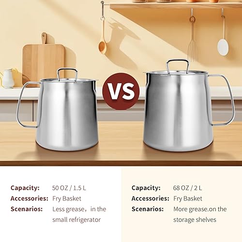 Miniatura 8 de Olla freidora profunda de acero inoxidable 304 de 68 onzas con canasta y colador, recipiente de grasa de tocino de gran capacidad para cocina,