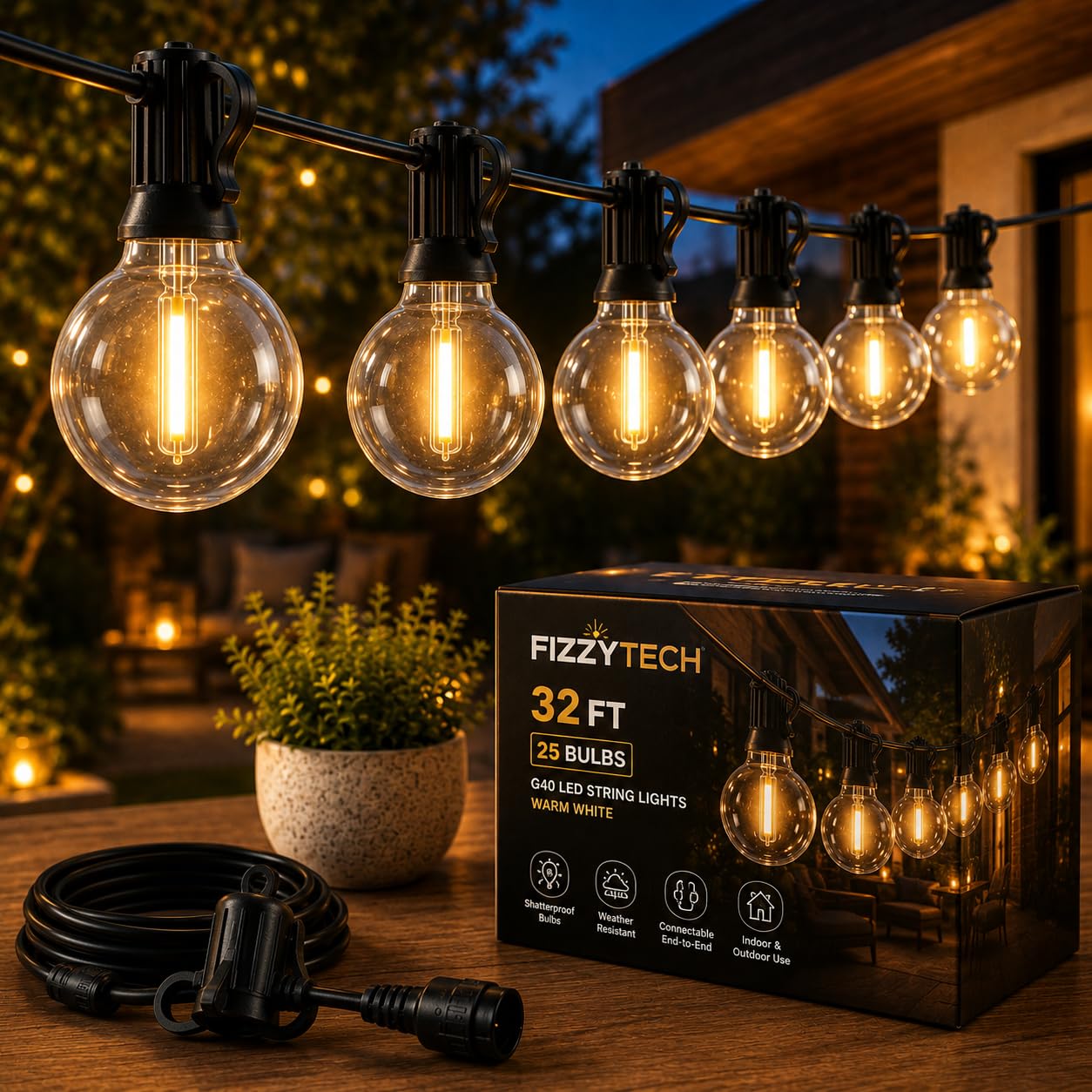 fizzytech Outdoor G40 LED Globe String Lights, 25 Feet 25 Bulb Light for Backyard Terrace Cafe Garden Balcony Party Decor Diwali Lights for Home-image-42