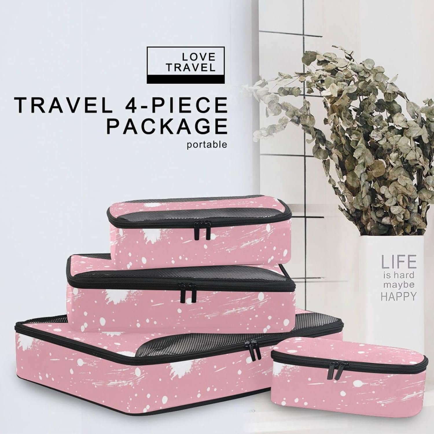 White Irregular Dots 4 Pcs set organizer travel case Mesh Travel Essentials lightweight large packing cubes