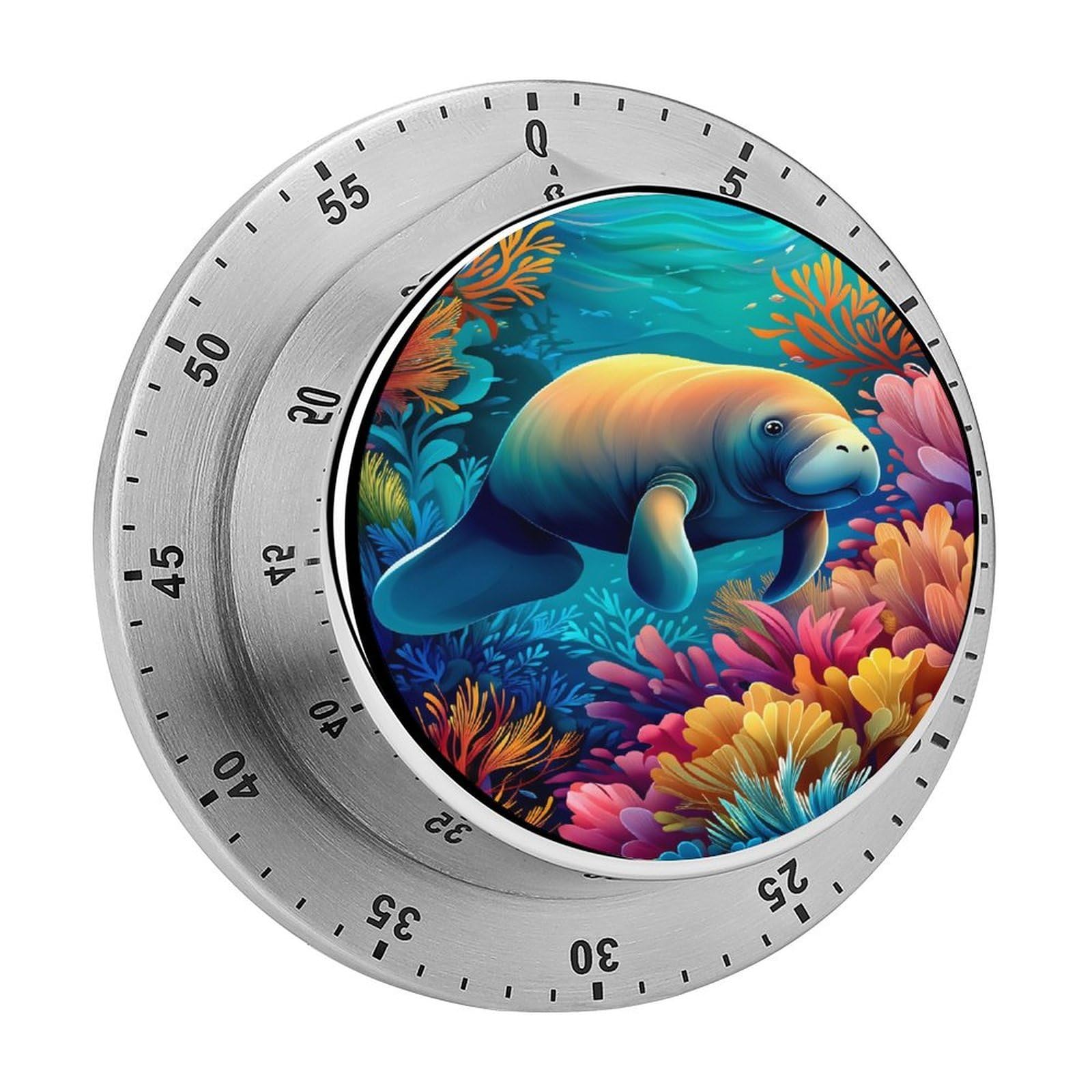 Colorful Manatee Underwater Ocean 60 Minute Wind Up Timer,Visual Mechanical Magnetic Timer with Loud Alarm for Kitchen