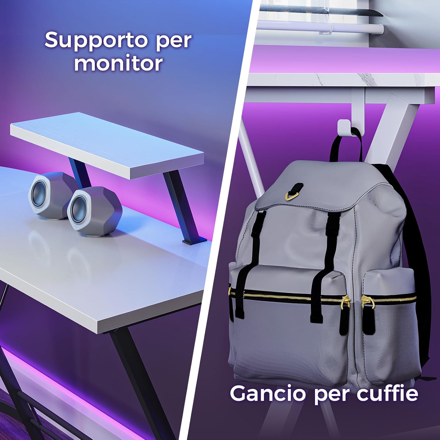 ODK Scrivania Gaming con Supporto per Monitor, Scrivania Gaming con Sacchetto di Archiviazione, Scrivania ad L per Gamer Bianco puro, 127 x 127 cm 127 x 127 cm Completamente Bianco - Immagine 5